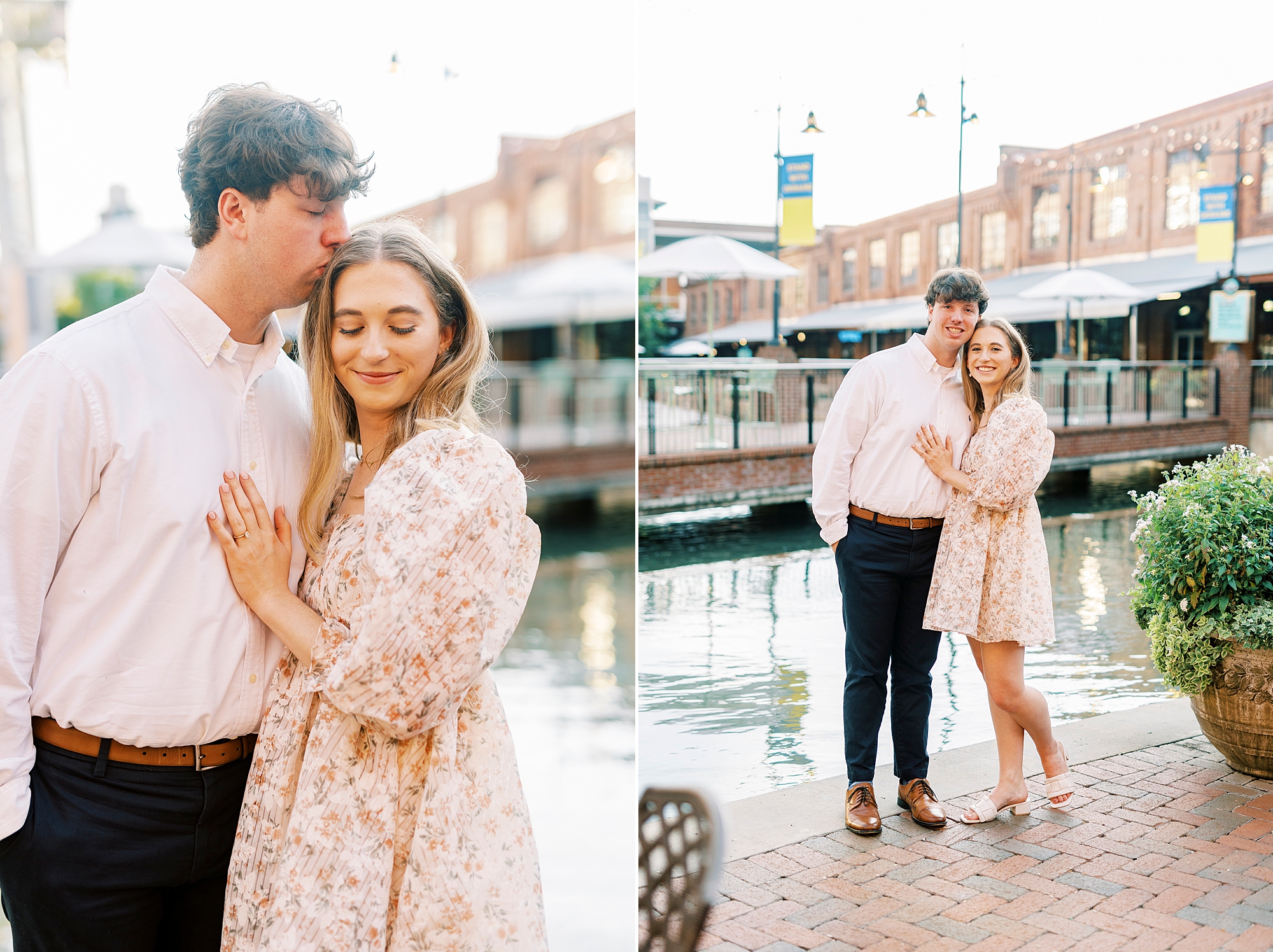 woman hugs fiancee leaning into his kiss at American Tobacco Campus