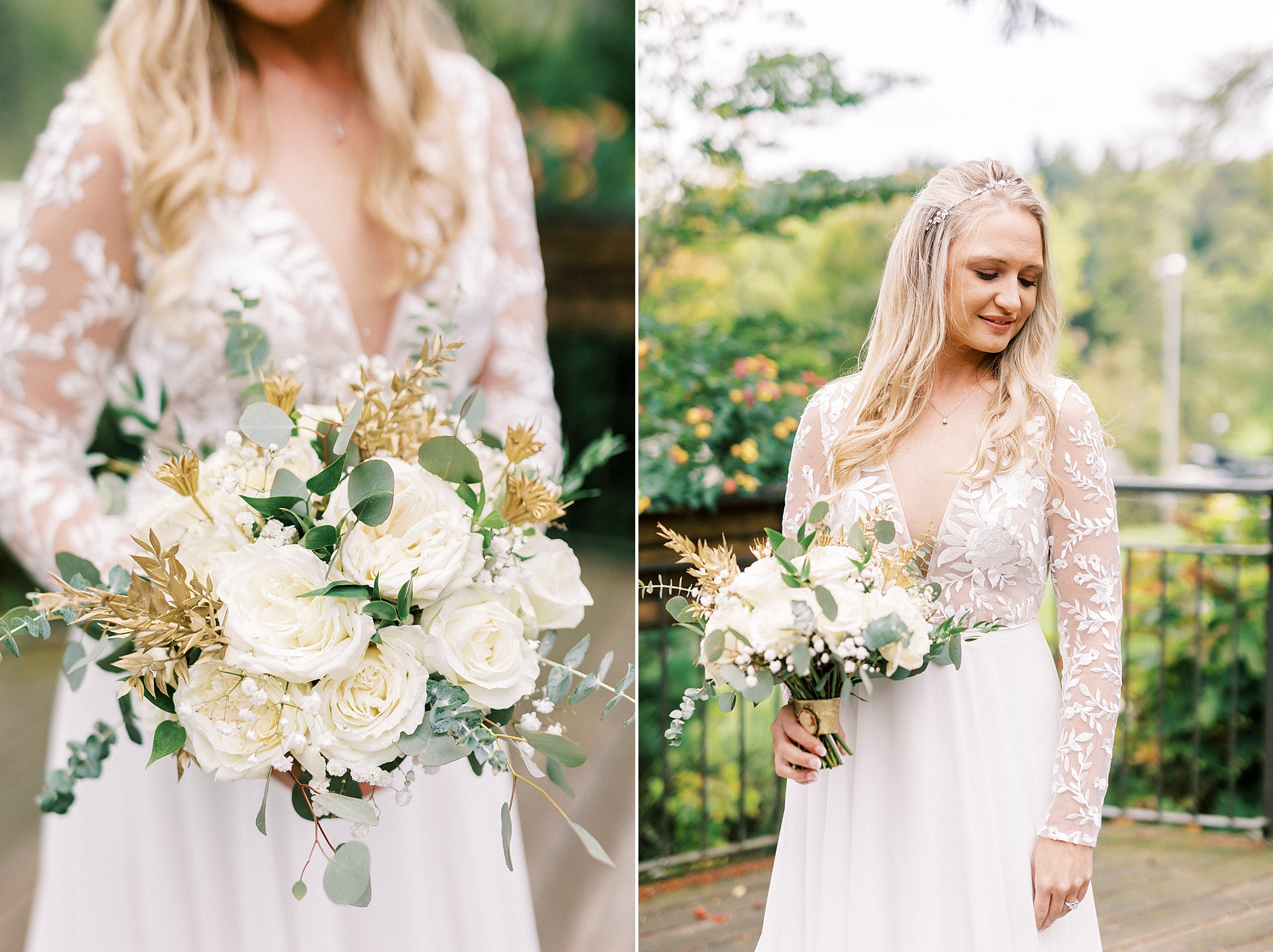 bride stands on balcony in wedding gown with lace sleeves holding white bouquet