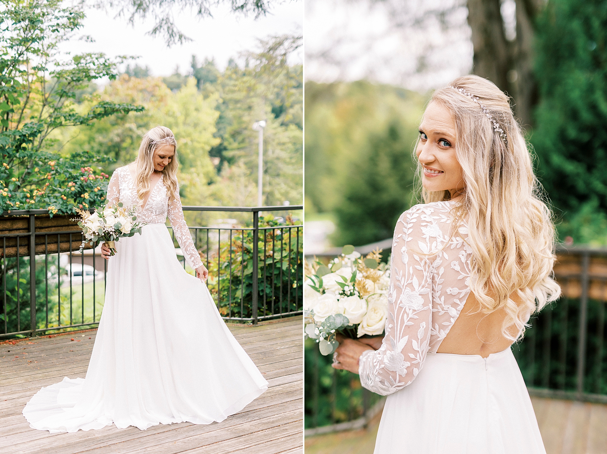bride looks over shoulder with wedding gown with lace shoulders