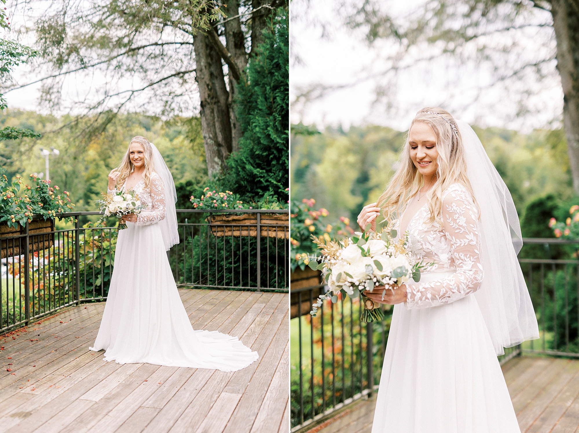 bridal portraits on wooden balcony at Chetola Resort