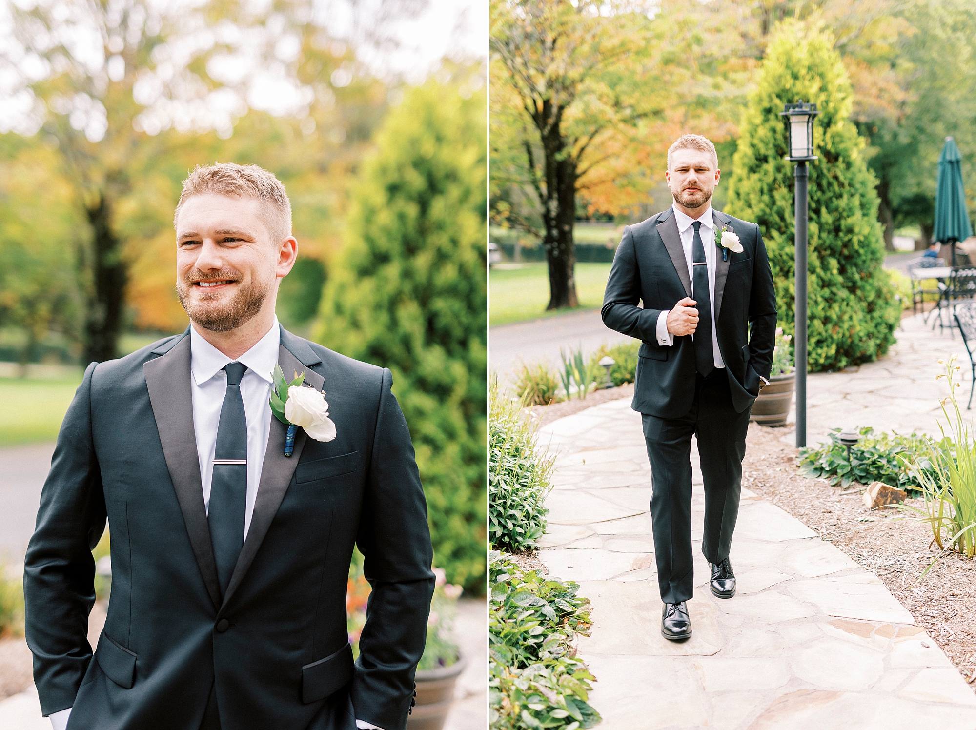 groom walks on pathway outside Chetola Resort