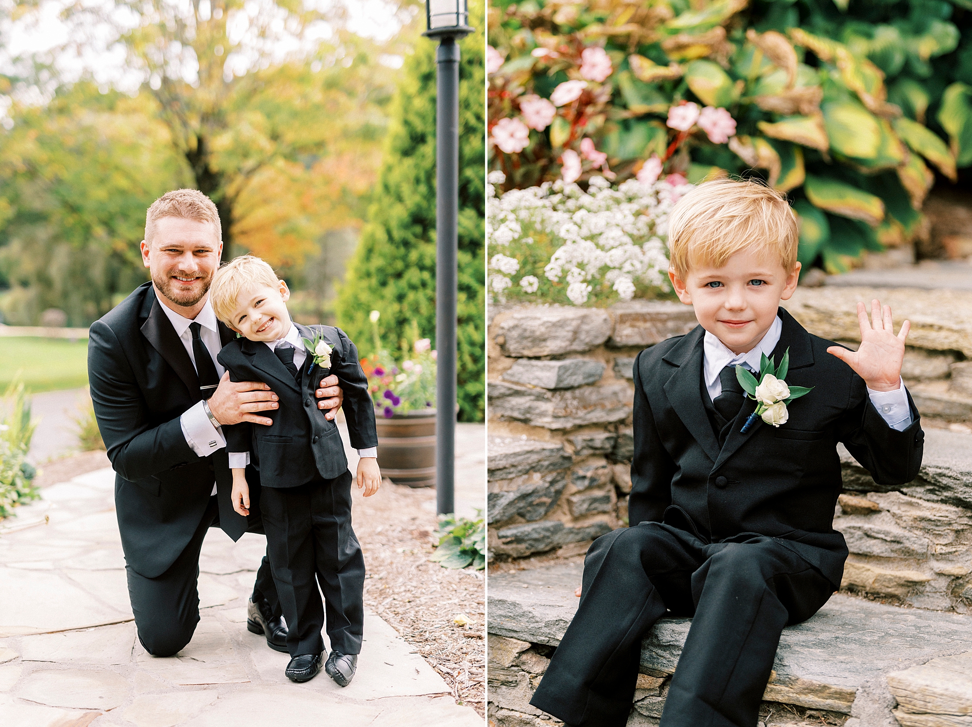 groom sits with ring bearer by stone wall at Chetola Resort