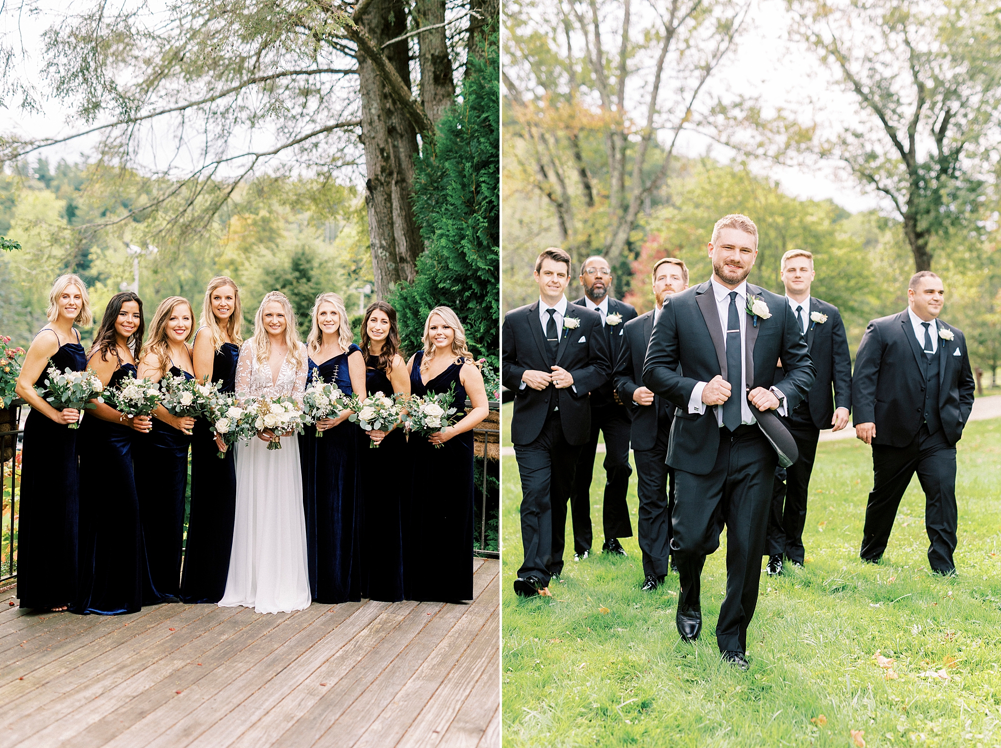 fall wedding with wedding party in black dresses and suits at Chetola Resort