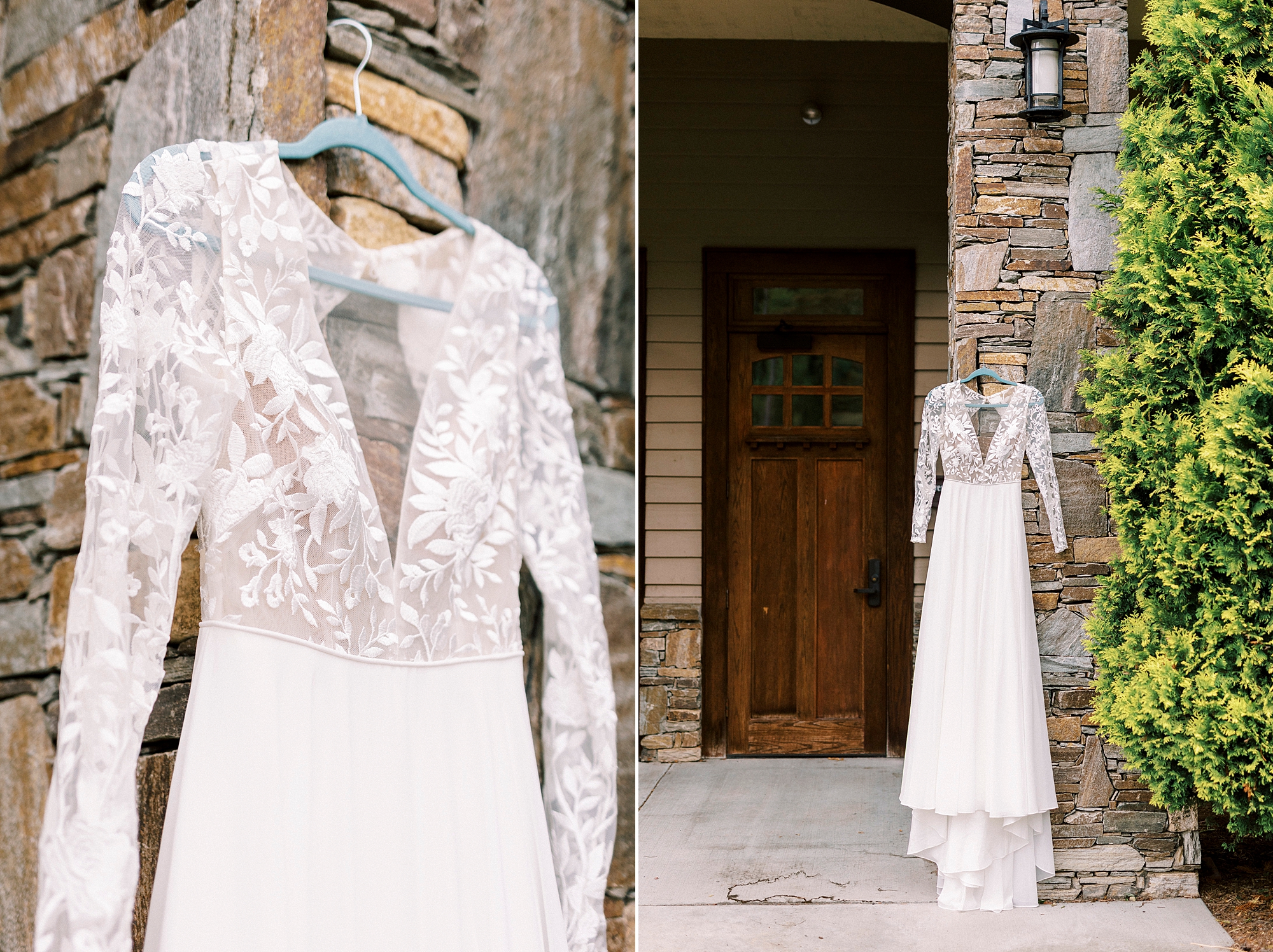 wedding dress with lace sleeves hang on brick building