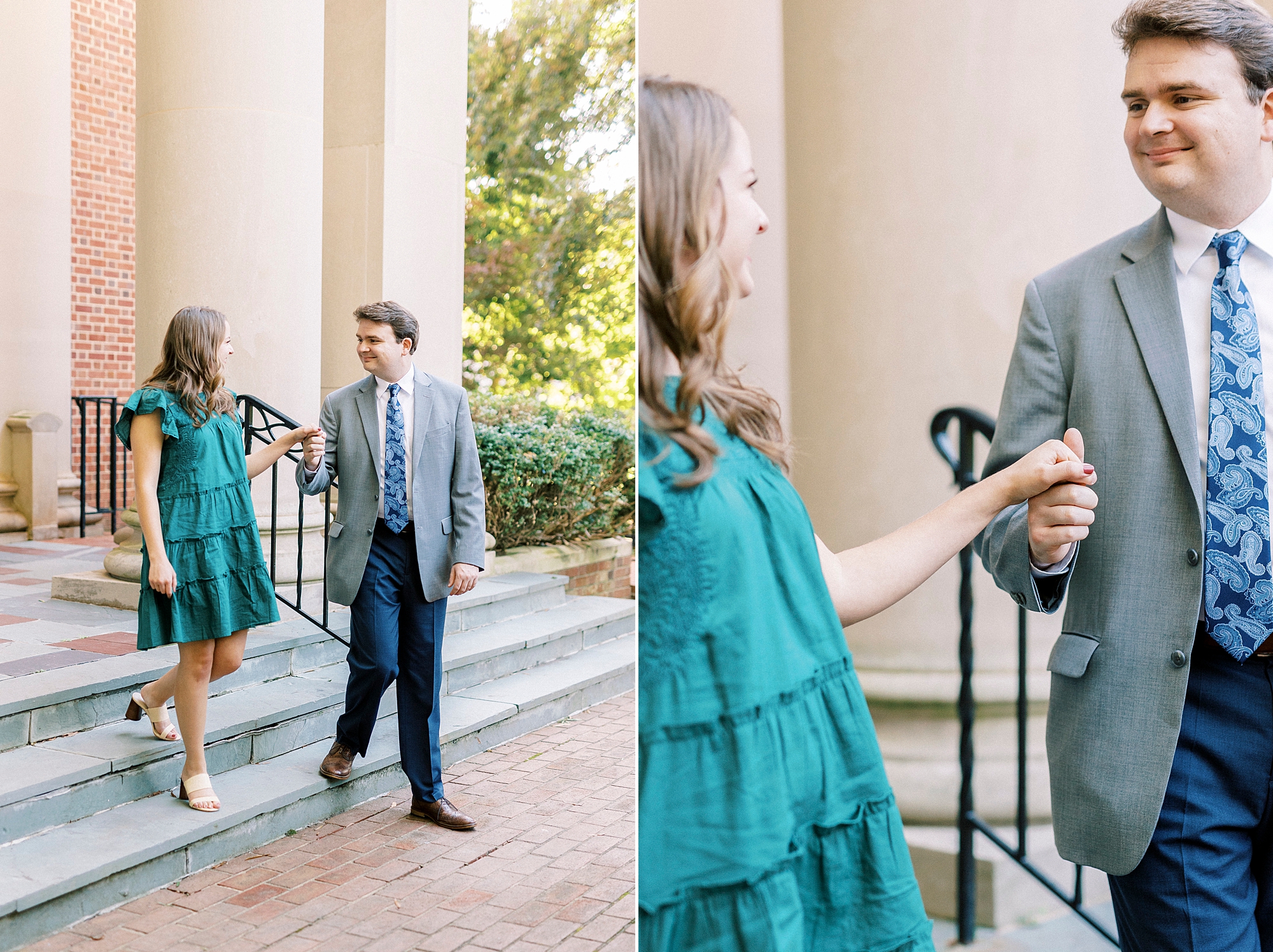 groom helps bride down steps on building in Downtown Davidson
