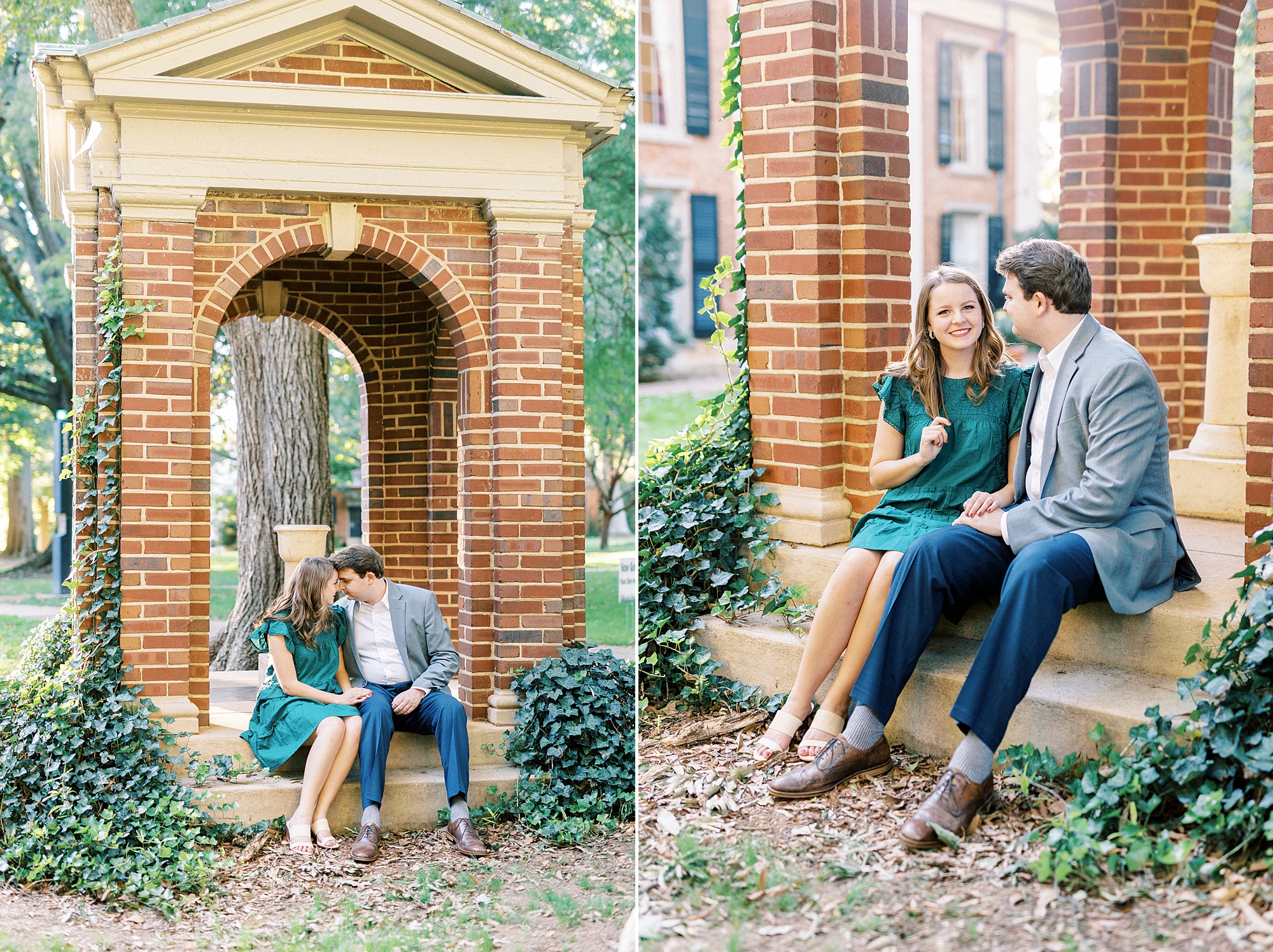 bride and groom hug under brick archway in Downtown Davidson