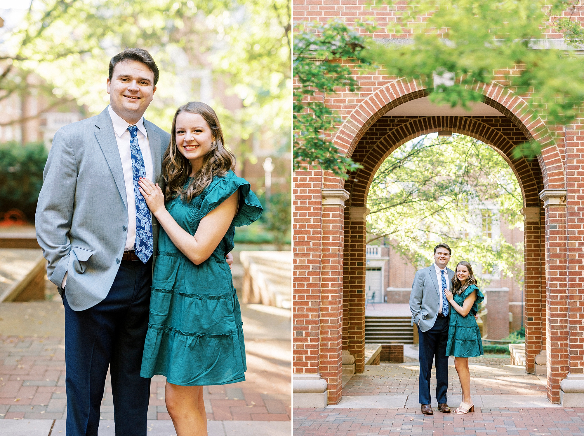 engaged couple hugs under brick archway during Downtown Davidson engagement session