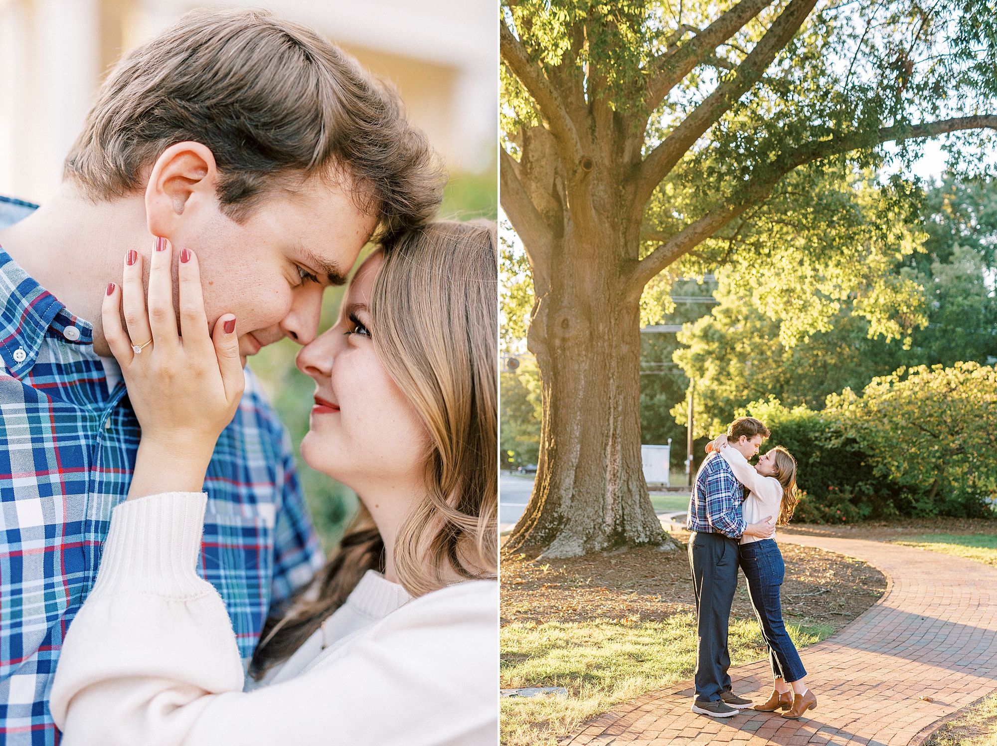 fall Downtown Davidson engagement session for couple hugging