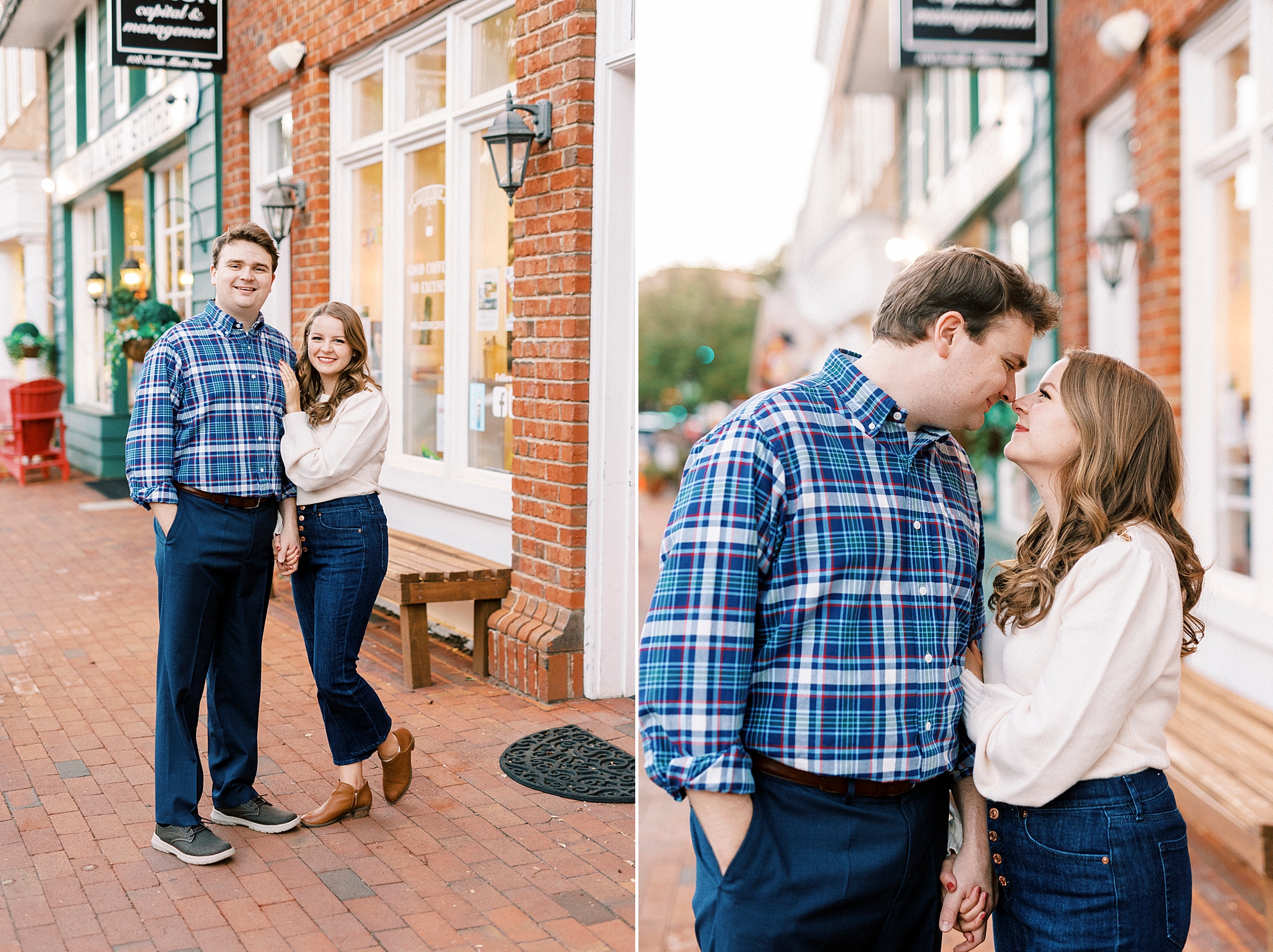 engaged couple leans together touching noses outside ice cream shop in Downtown Davidson