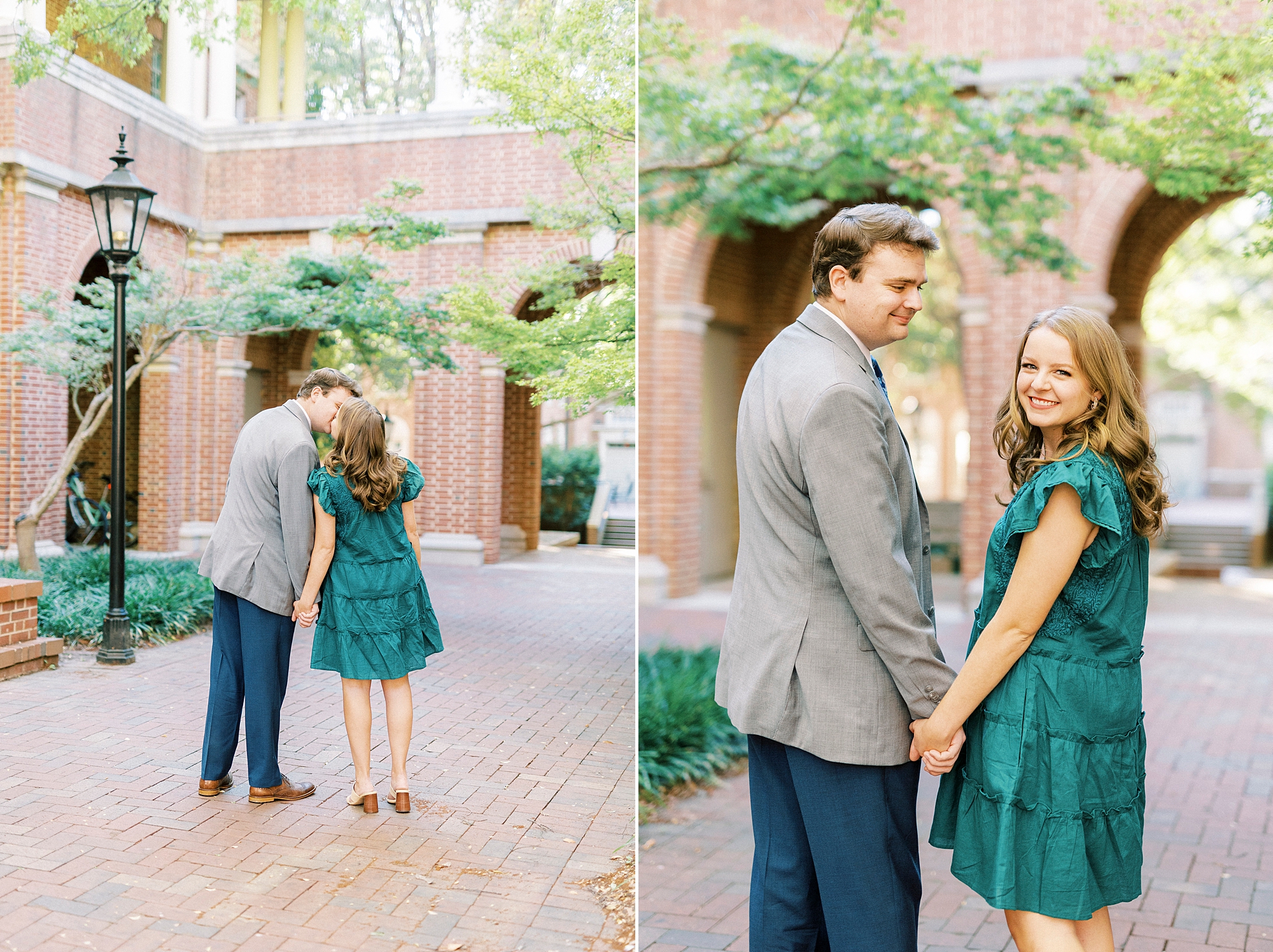 bride and groom smile walking through brick buildings in Downtown Davidson