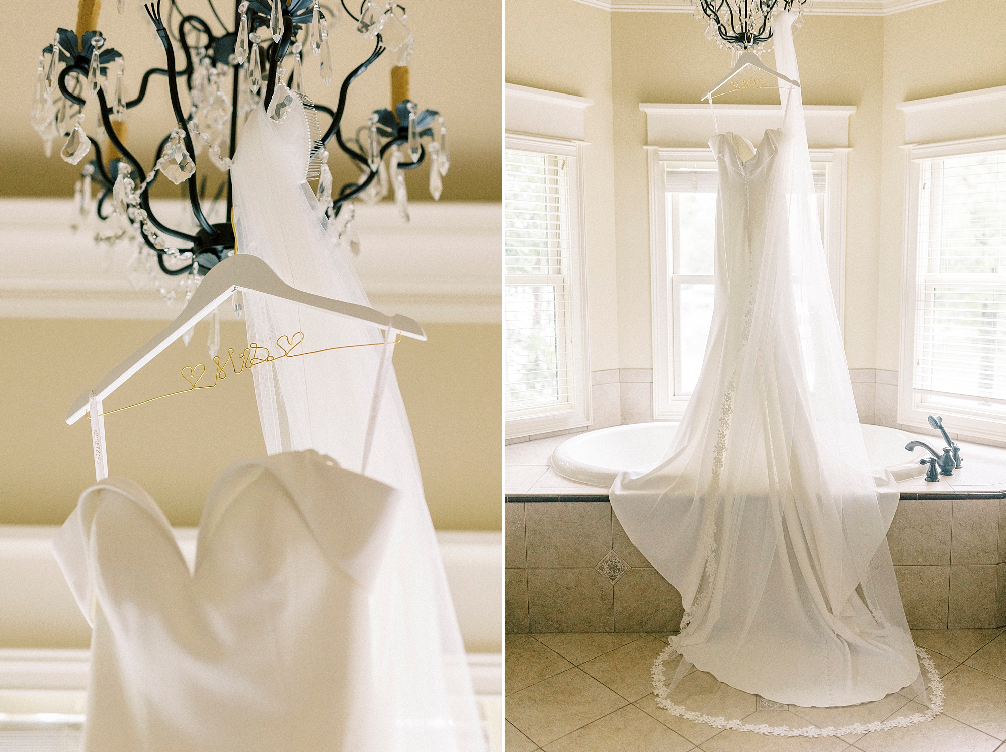 wedding dress hangs from chandelier at home in Lake Norman wedding