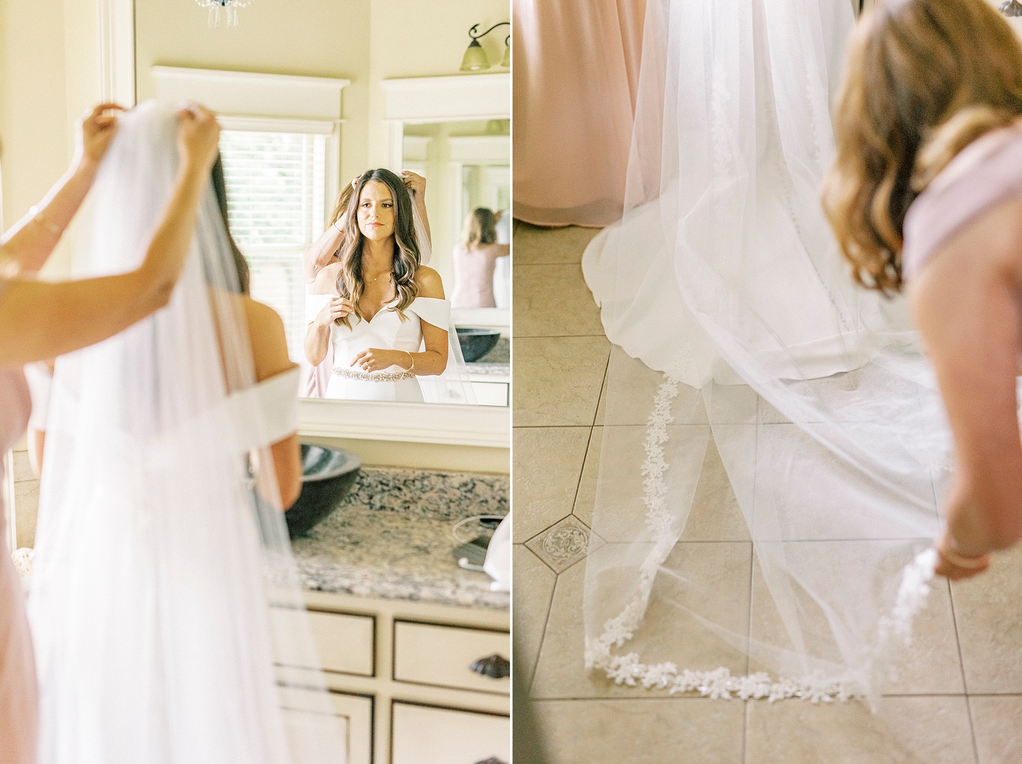 mother helps bride with veil before Lake Norman wedding