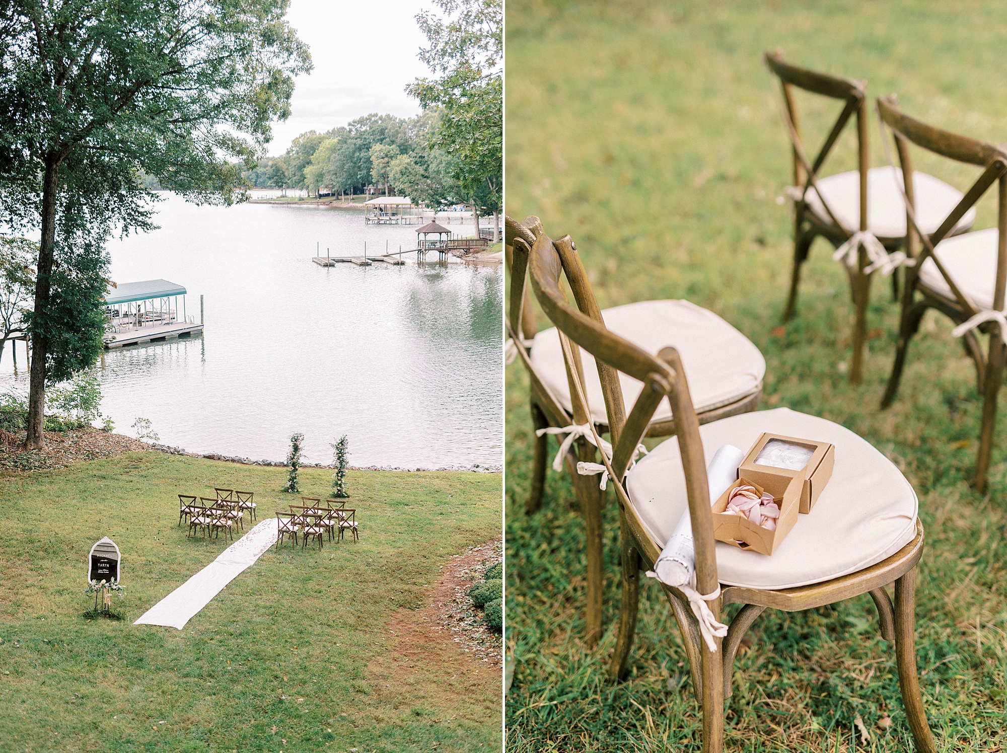 rustic chairs and aisle for lakefront Lake Norman wedding ceremony