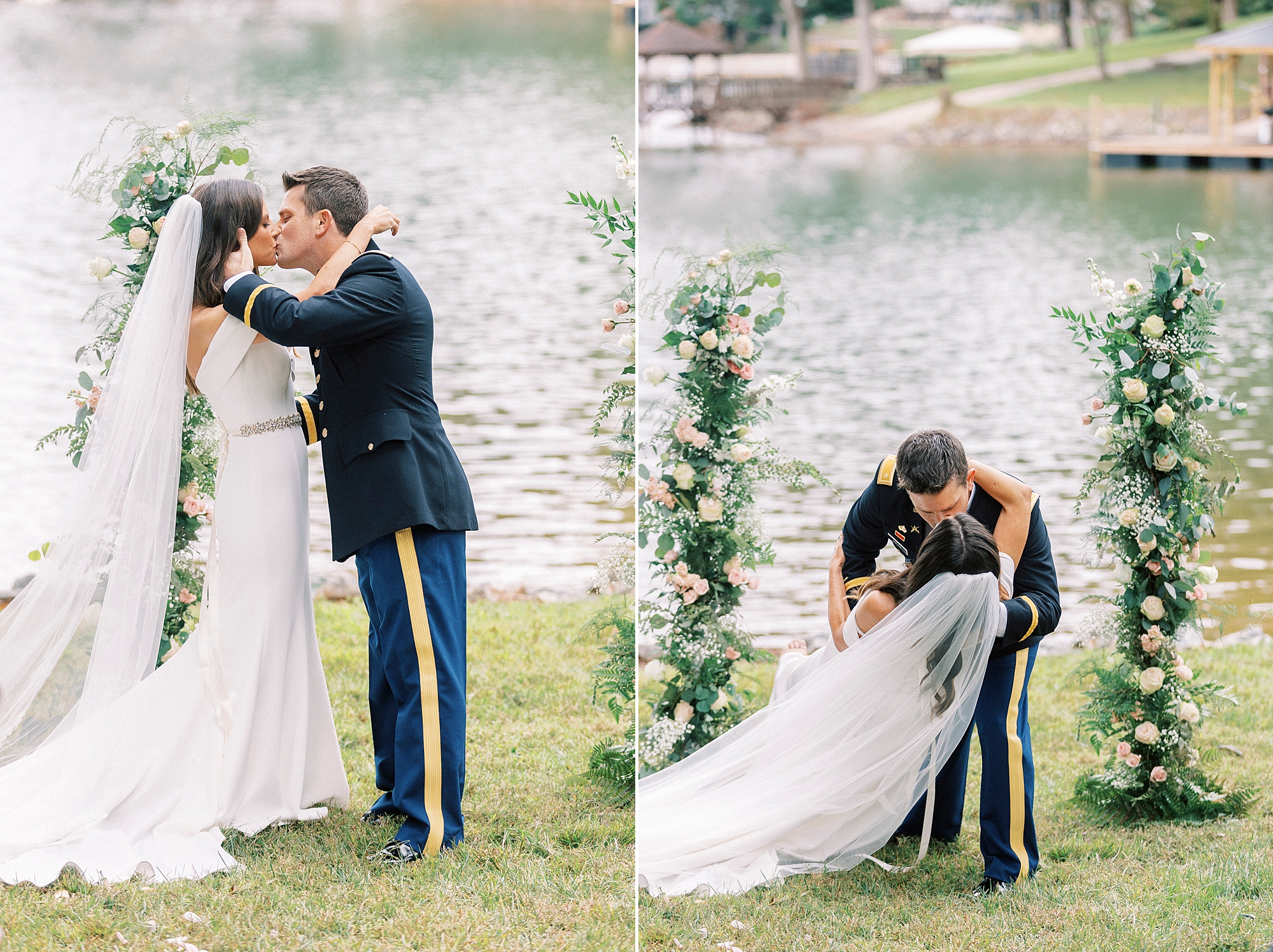 groom kisses bride dipping her during Lake Norman wedding ceremony