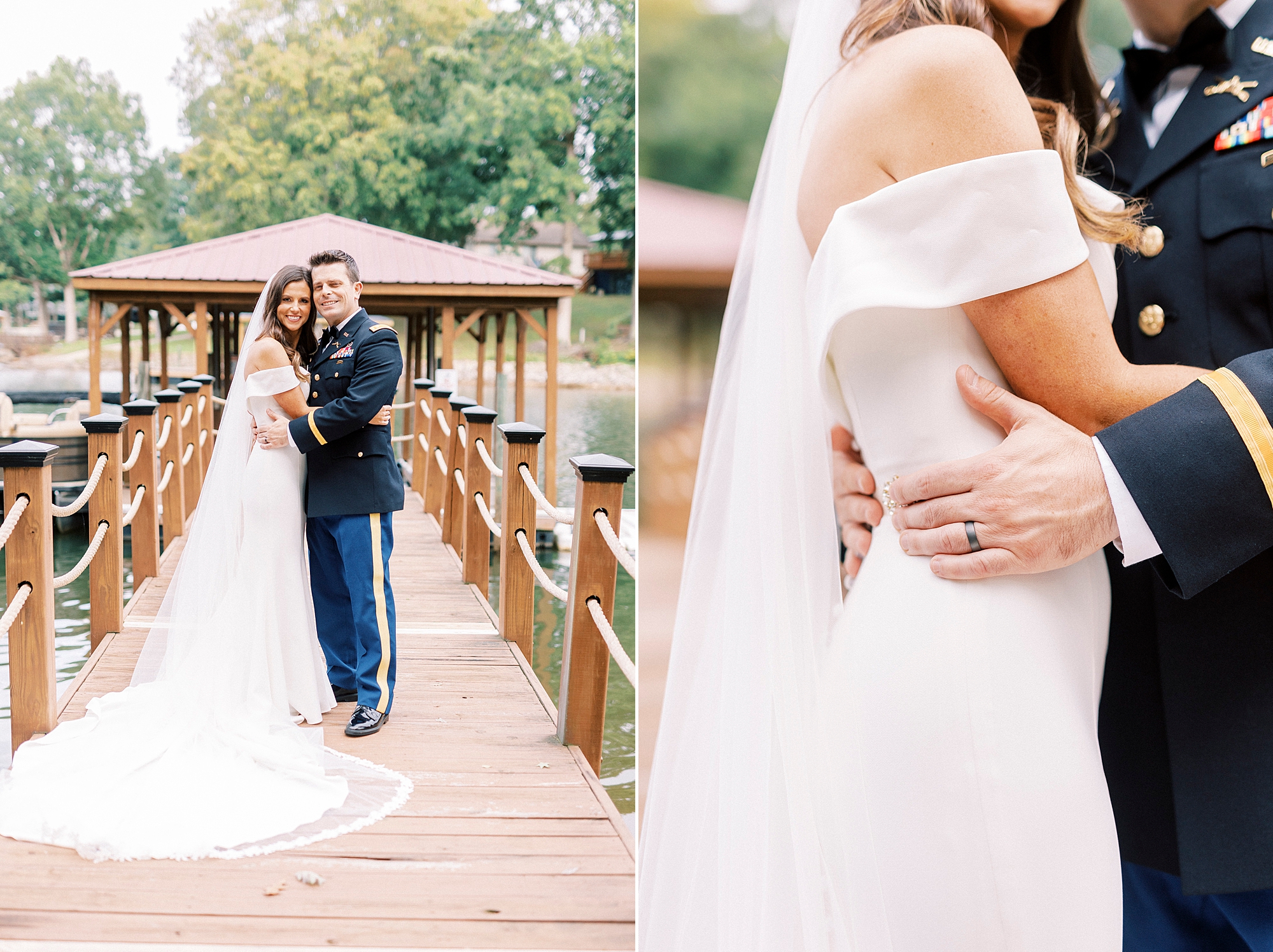 bride and groom hug on wooden dock at Lake Norman