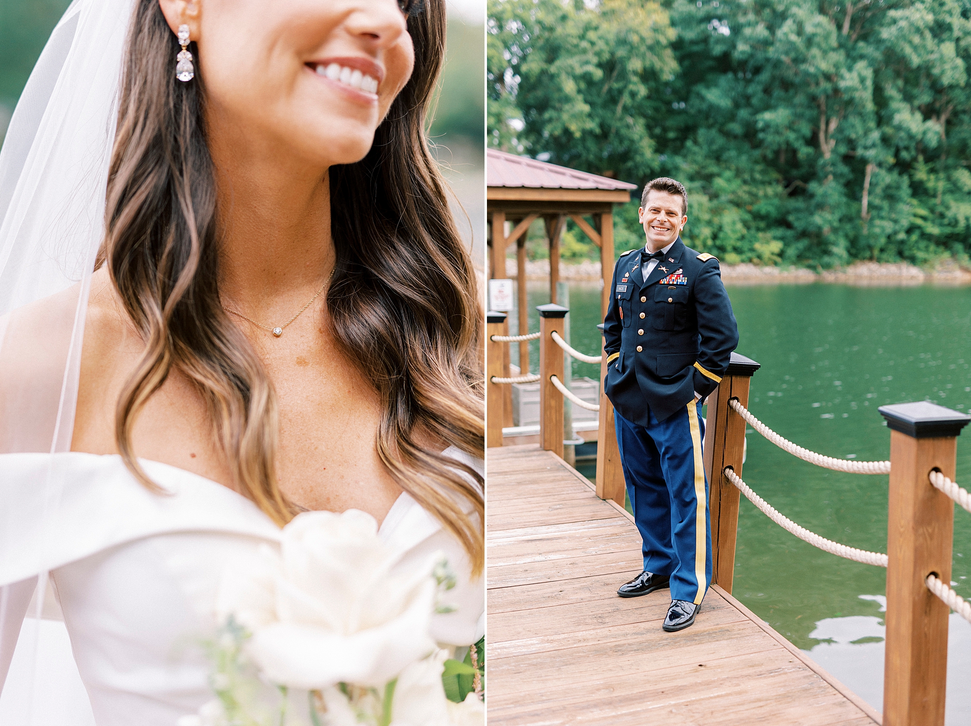bride and groom portraits alongside Lake Norman