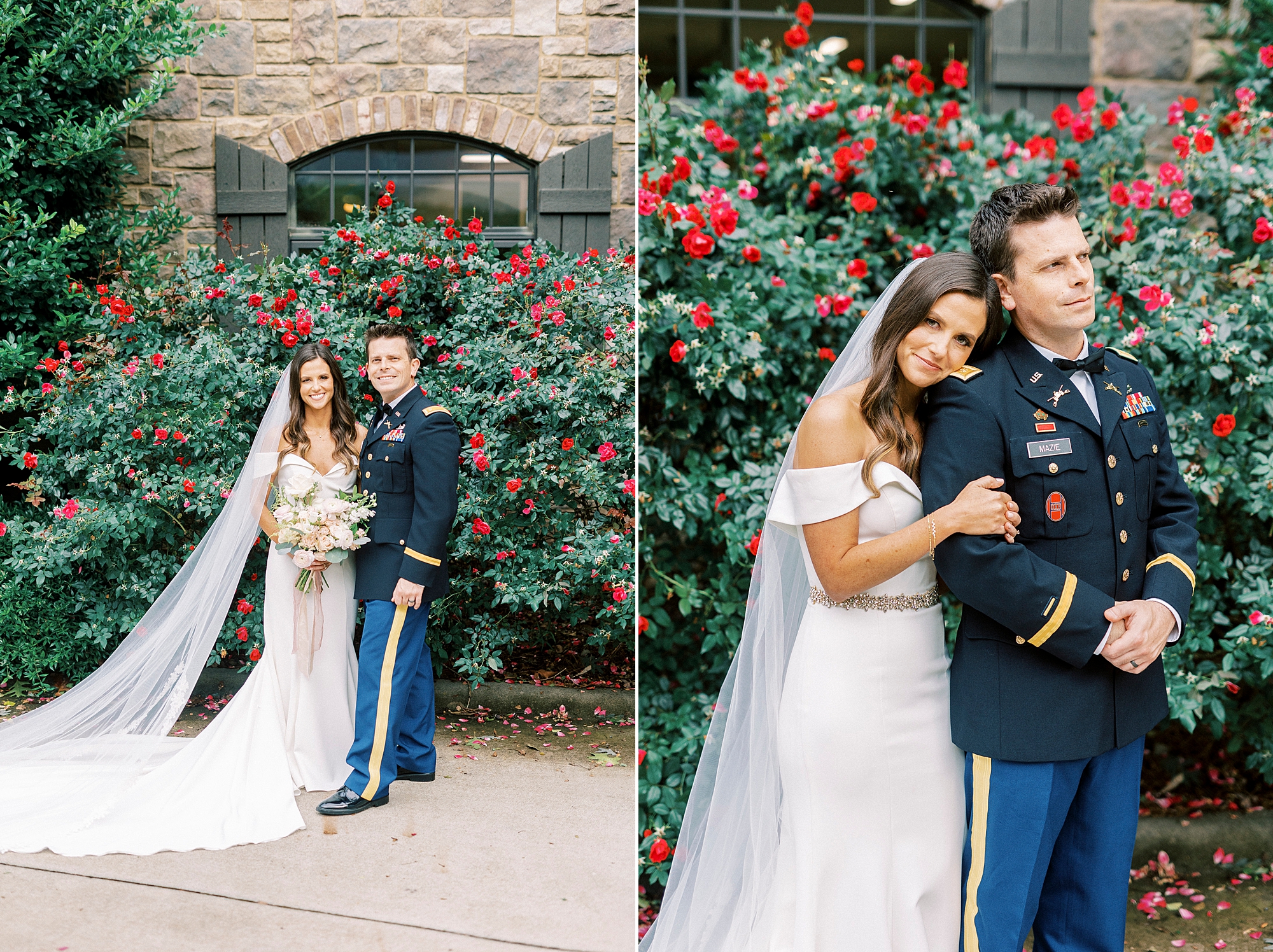 bride leans on groom's shoulder during portraits in Lake Norman