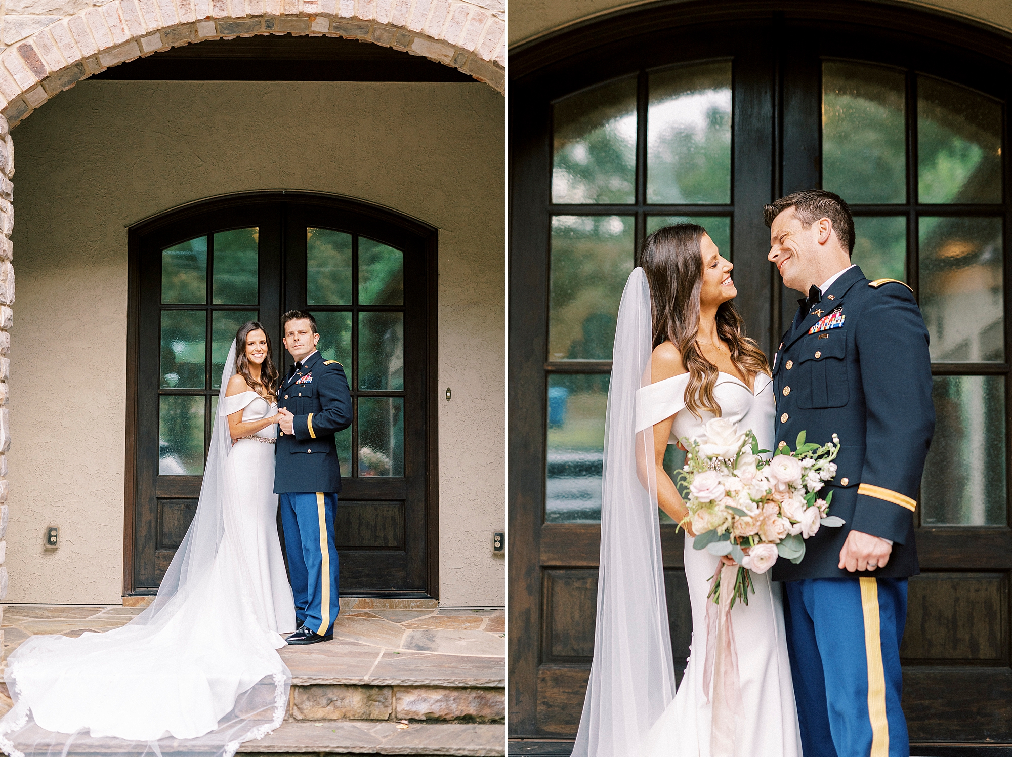 newlyweds smile standing on stone steps of home in Lake Norman