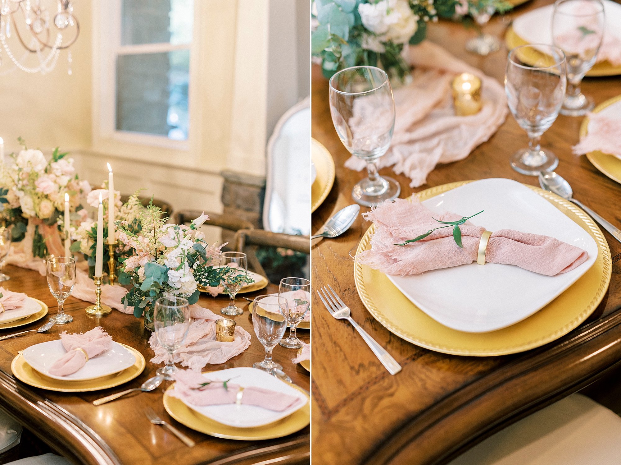 place settings for intimate reception with pink and gold details