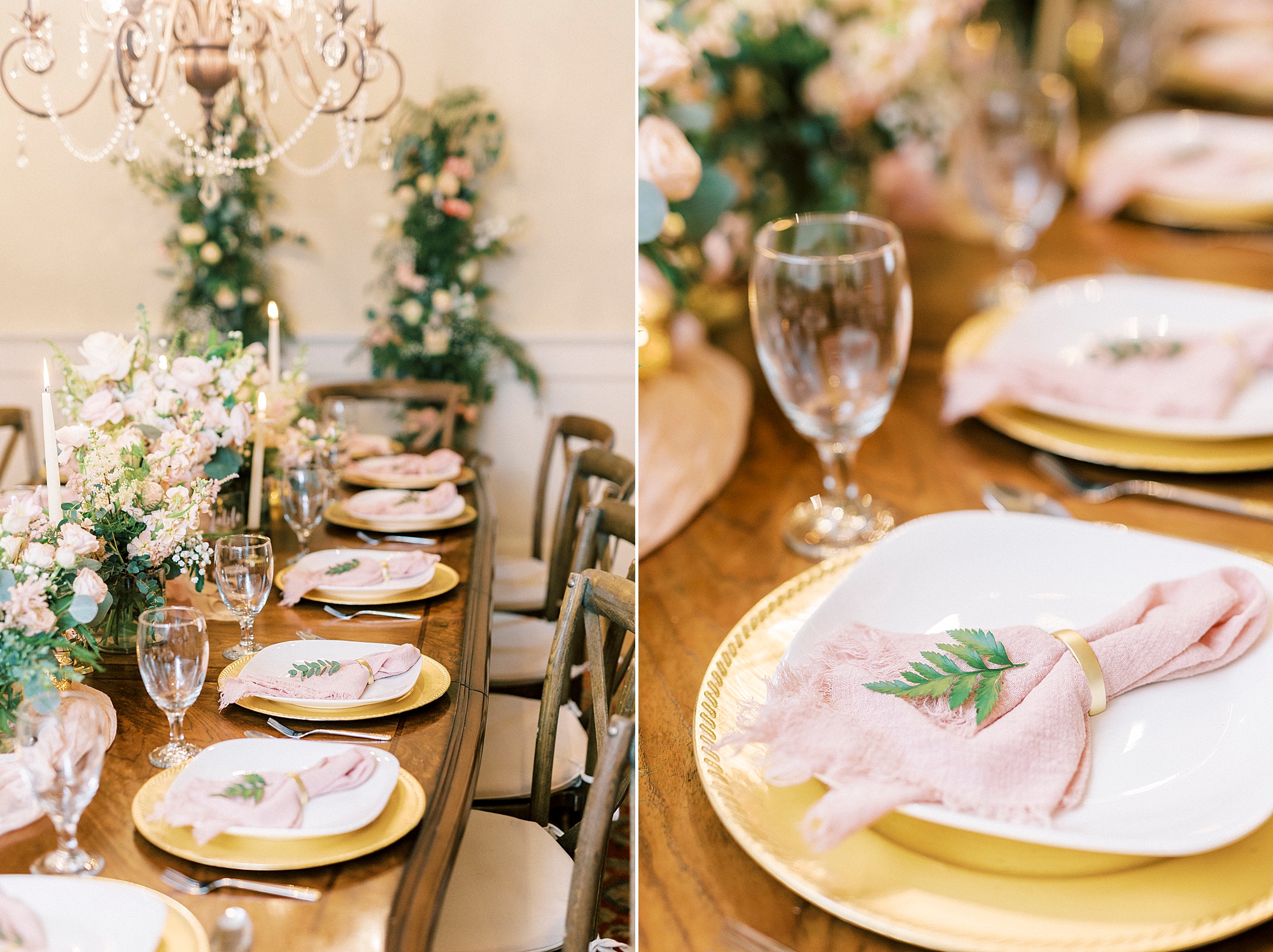 Lake Norman wedding reception with pink and gold details