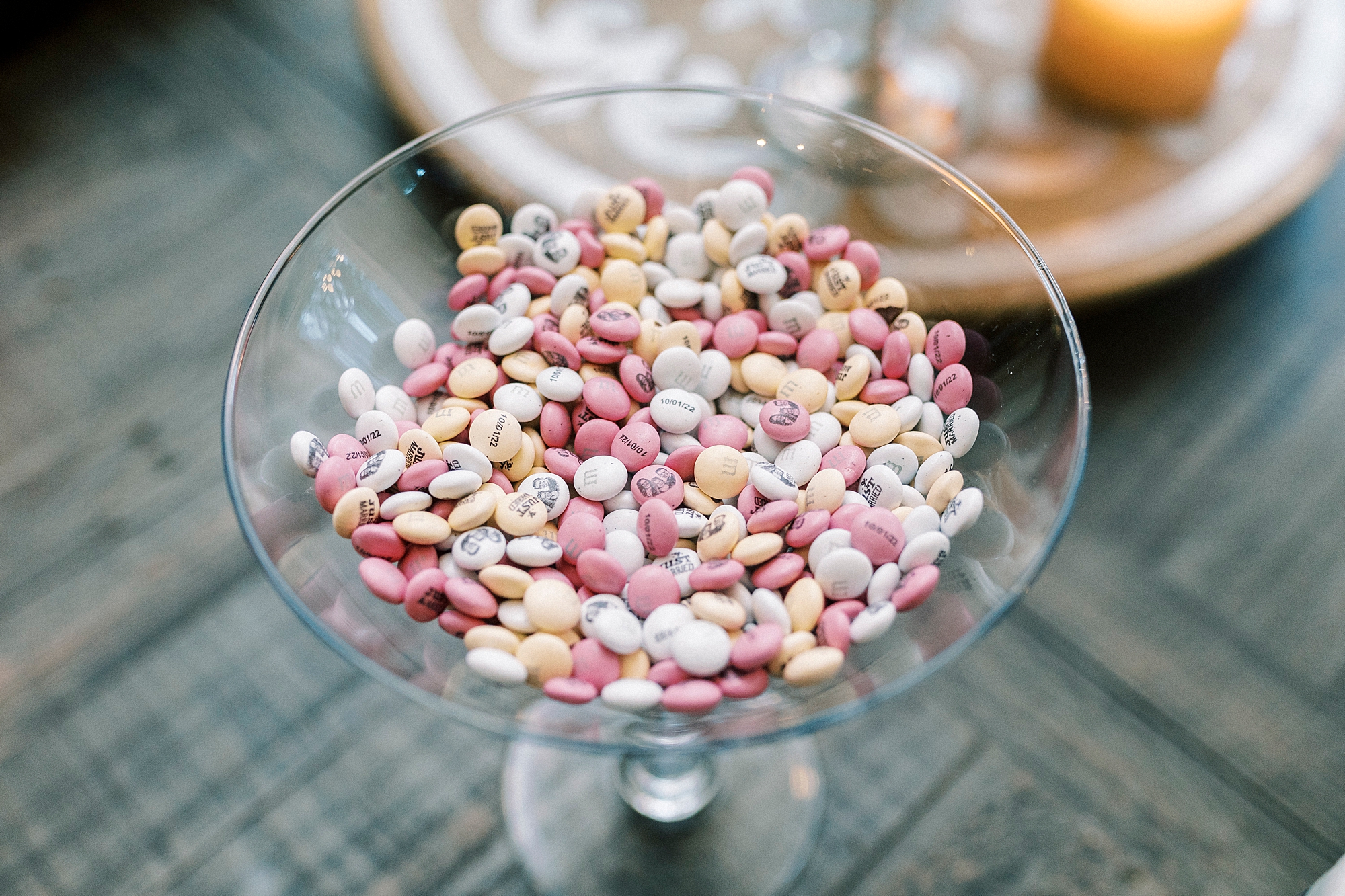 personalized m&M's sit in jar during reception