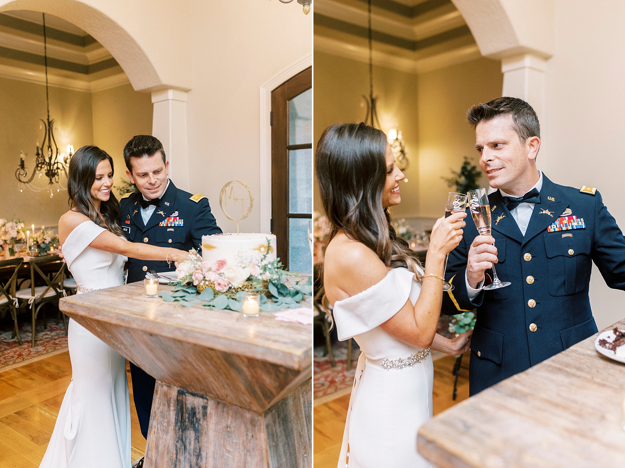 bride and groom cut wedding cake in Lake Norman home