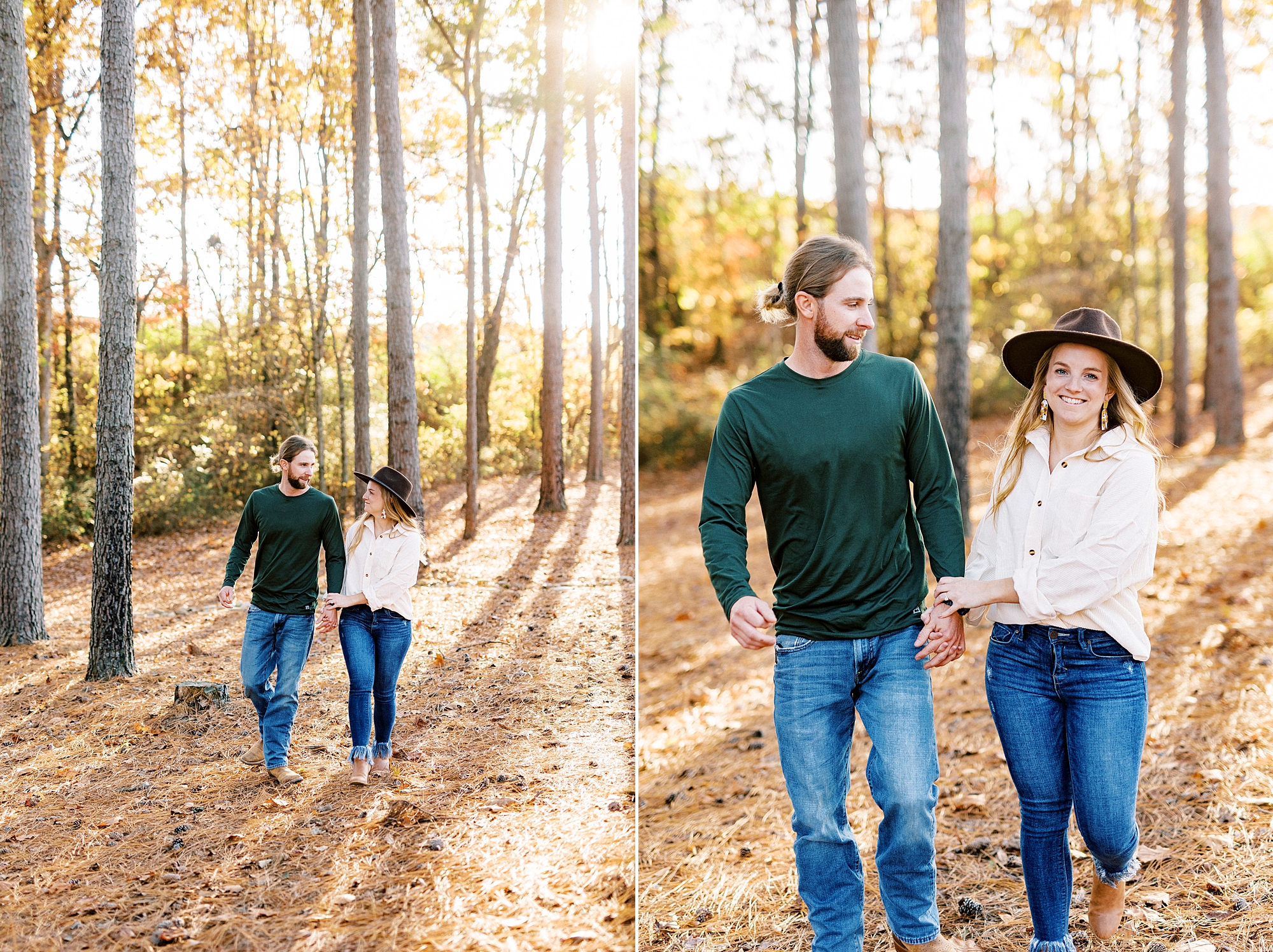 bride with wide-rimmed hat holds hands with fiancee during chic fall engagement session
