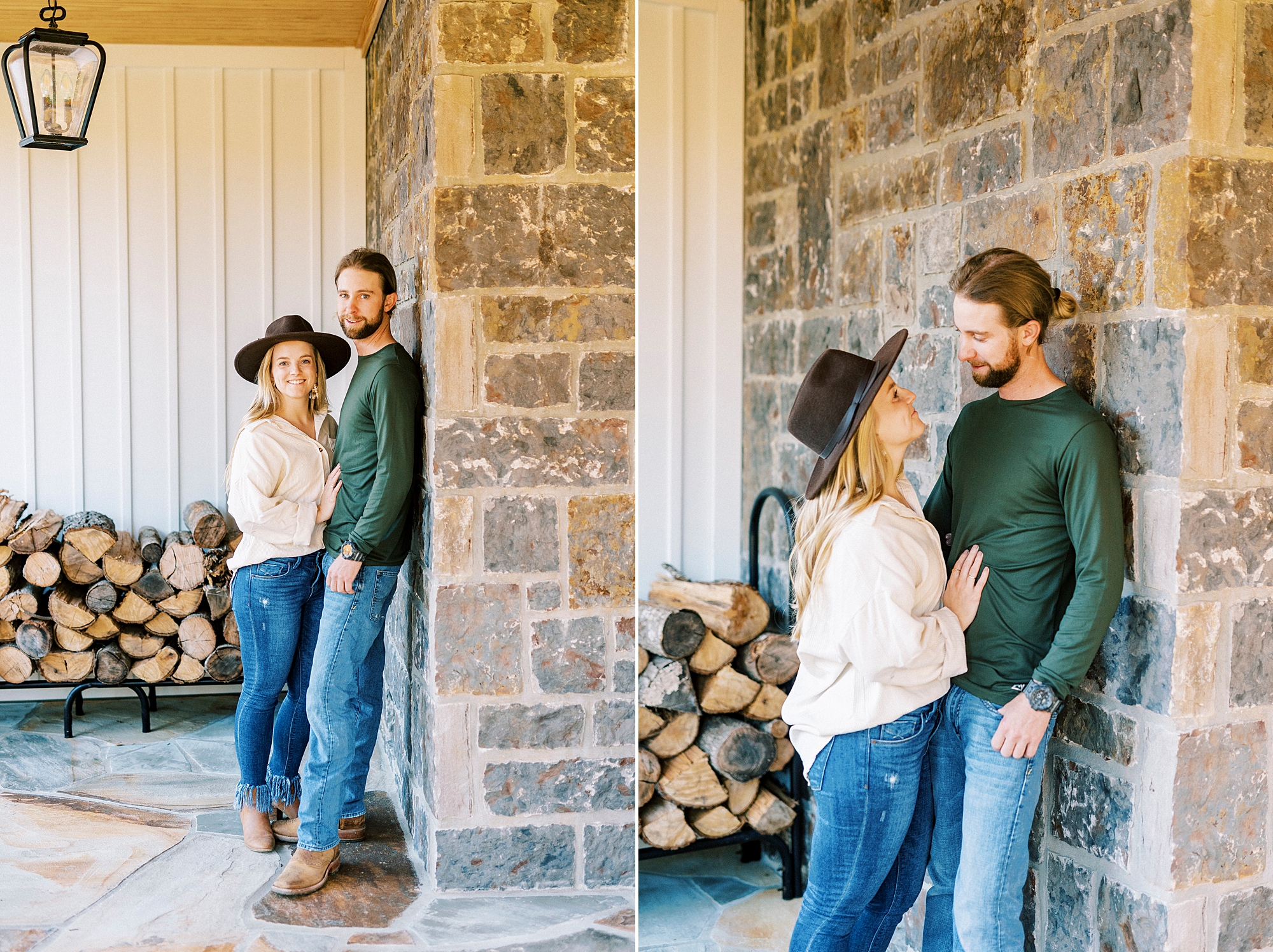 engaged couple leans against stone wall during chic fall engagement session at home