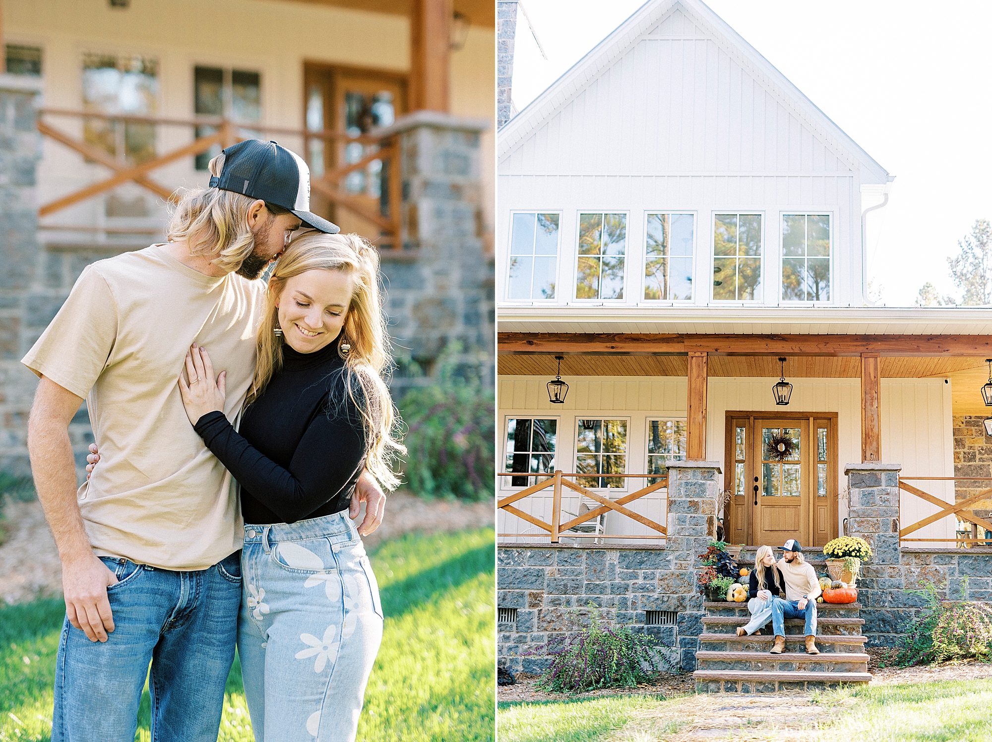 future husband and wife sit together on front porch during chic fall engagement session at home