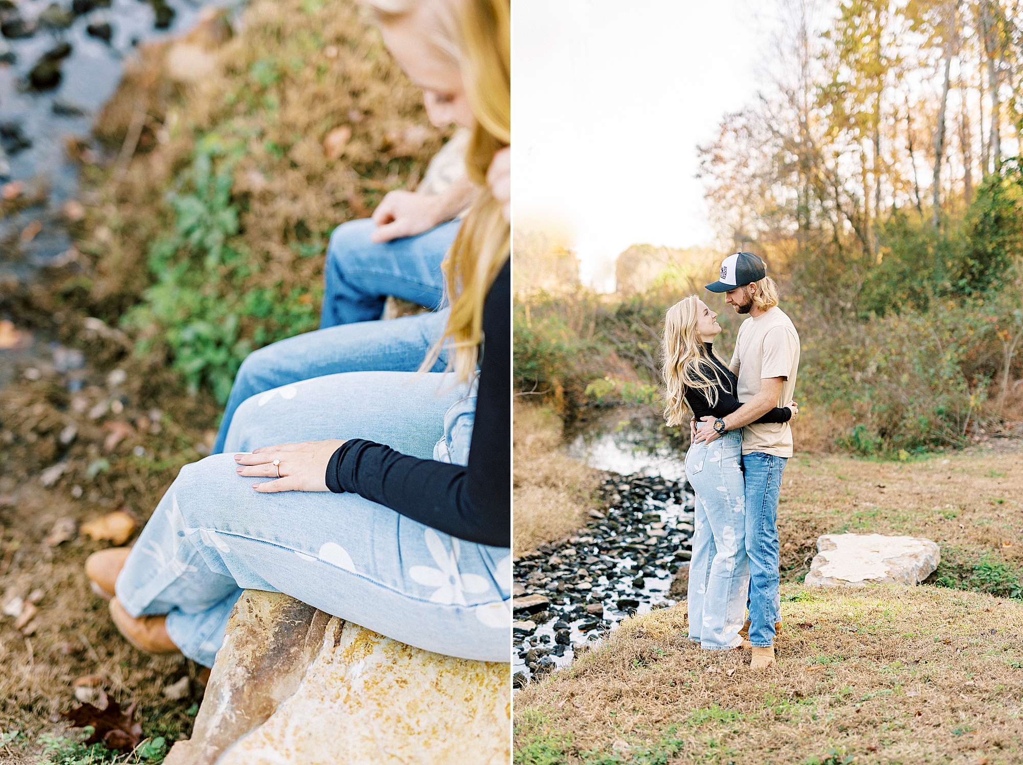 bride and groom sit alongside creek in Richfield NC