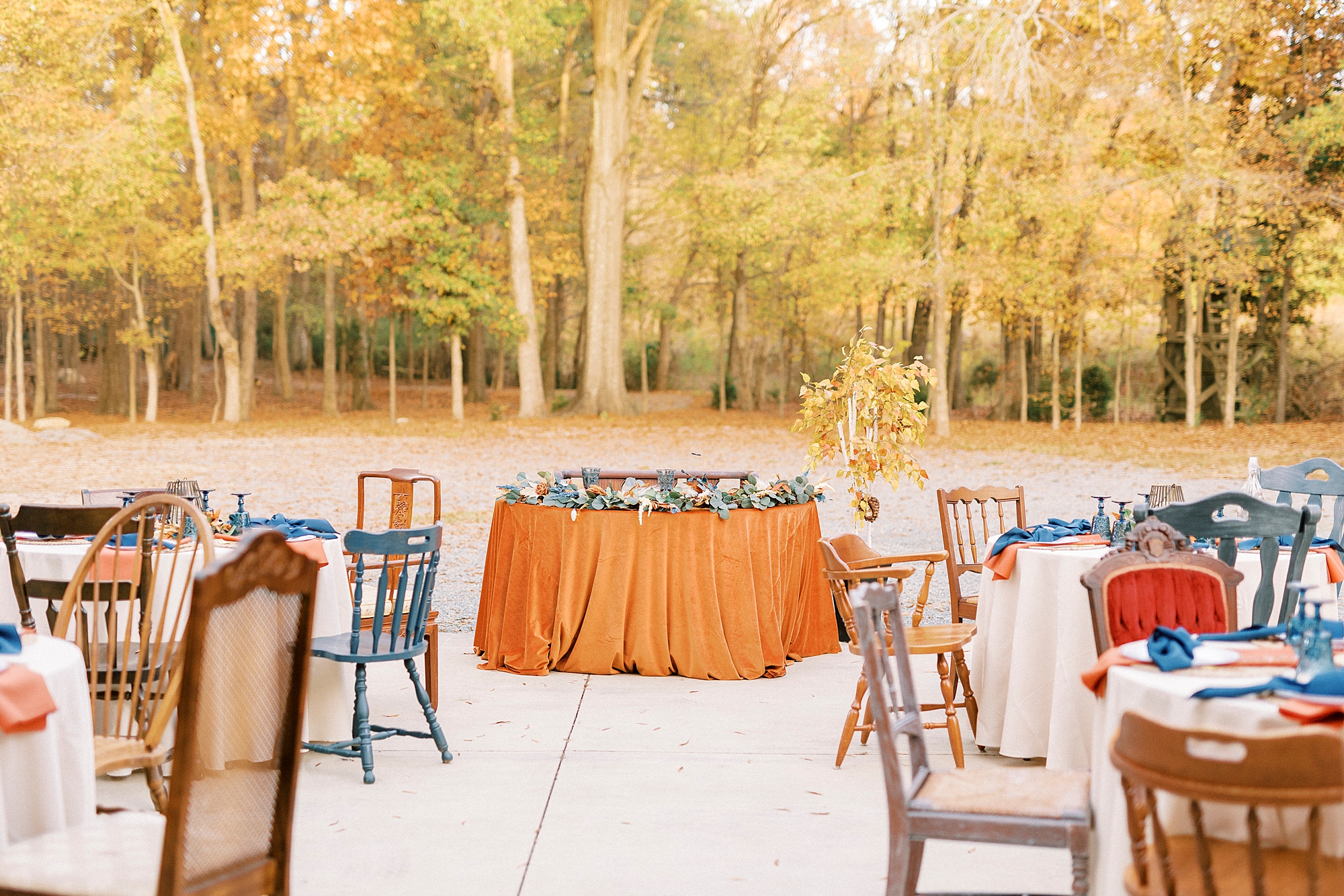 sweetheart table and wedding reception details on patio at Bella Terra Inc.