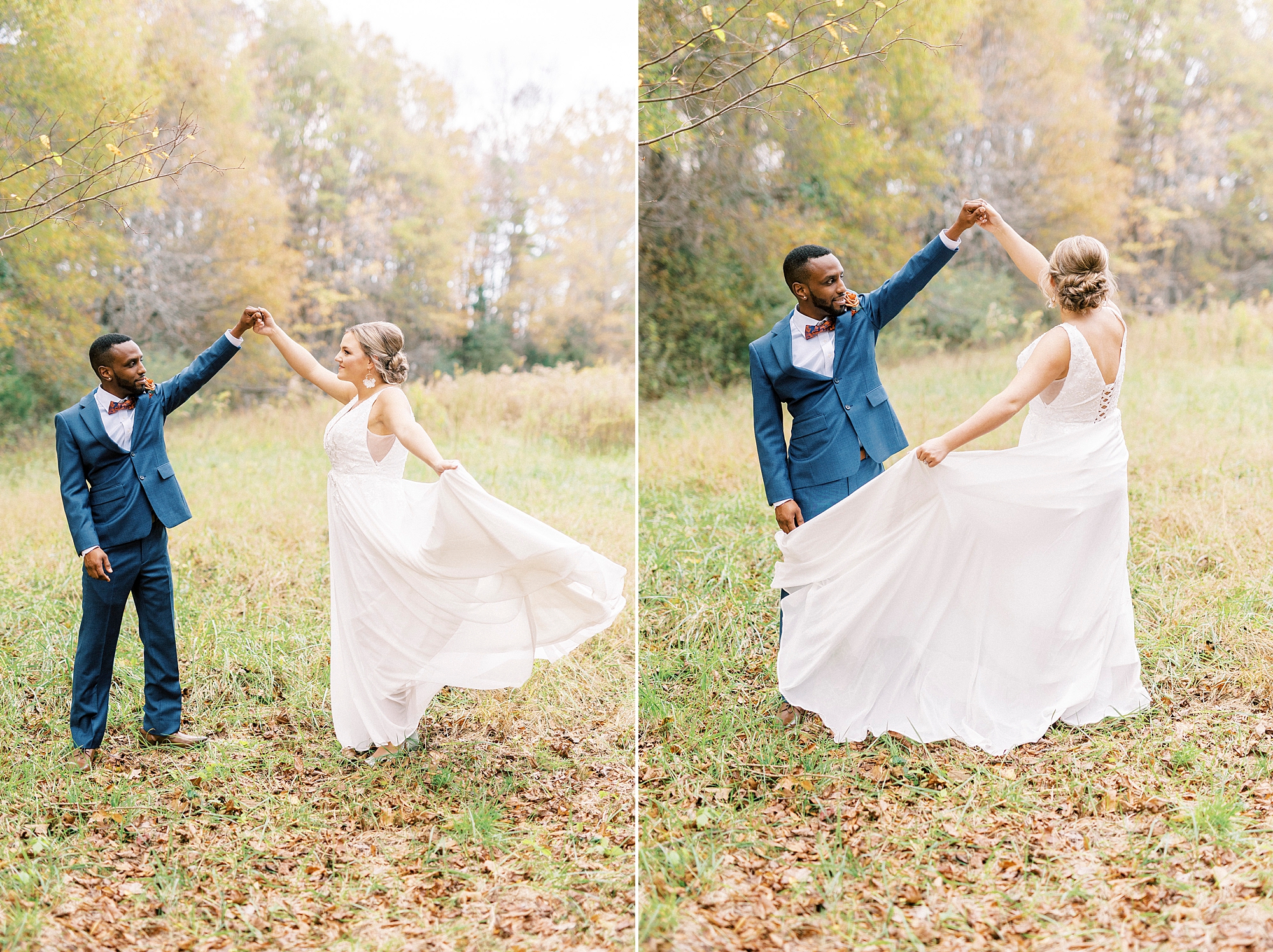 groom twirls bride in field covered in leaves 