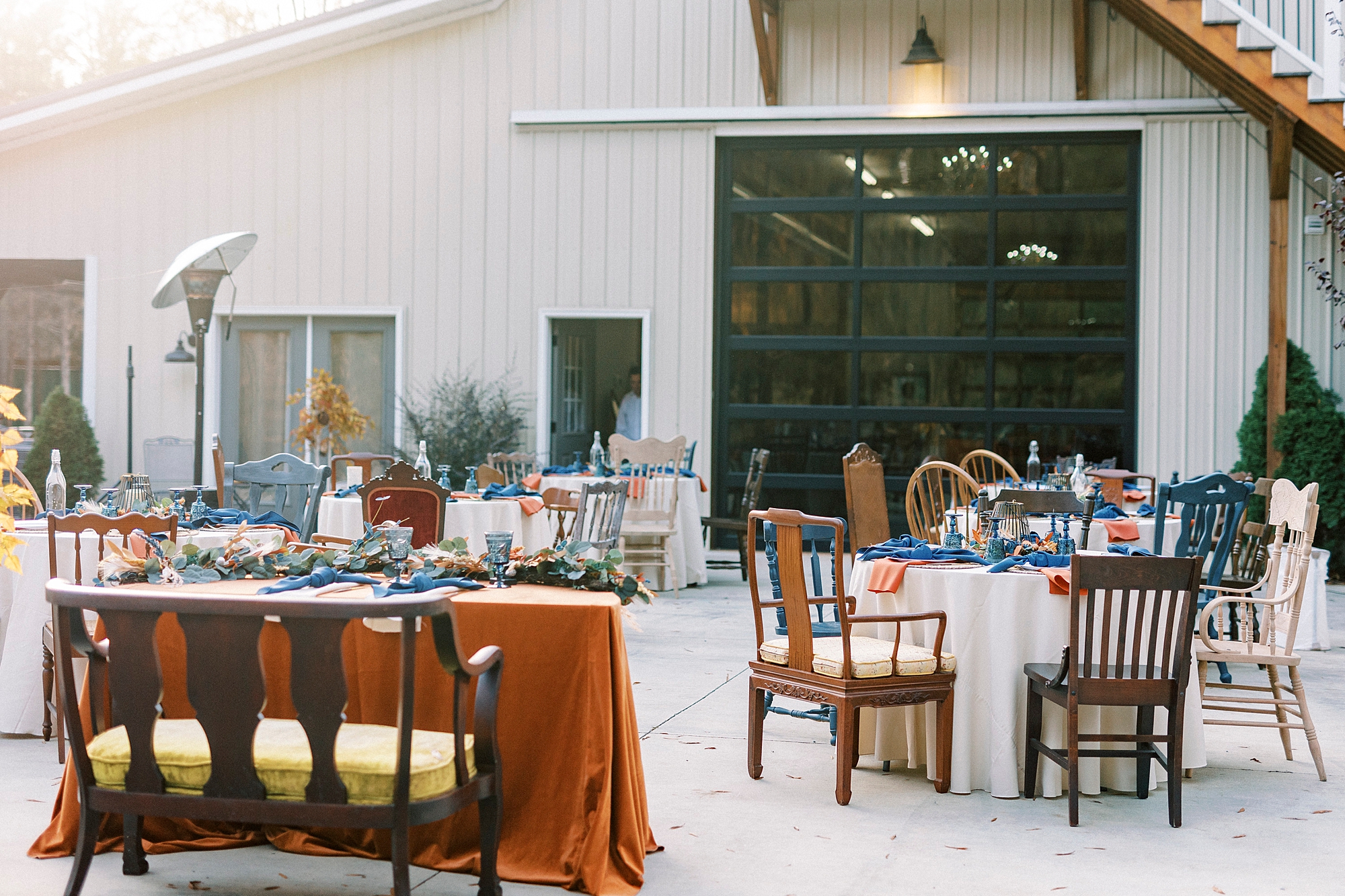 wedding reception on patio by barn at Bella Terra 