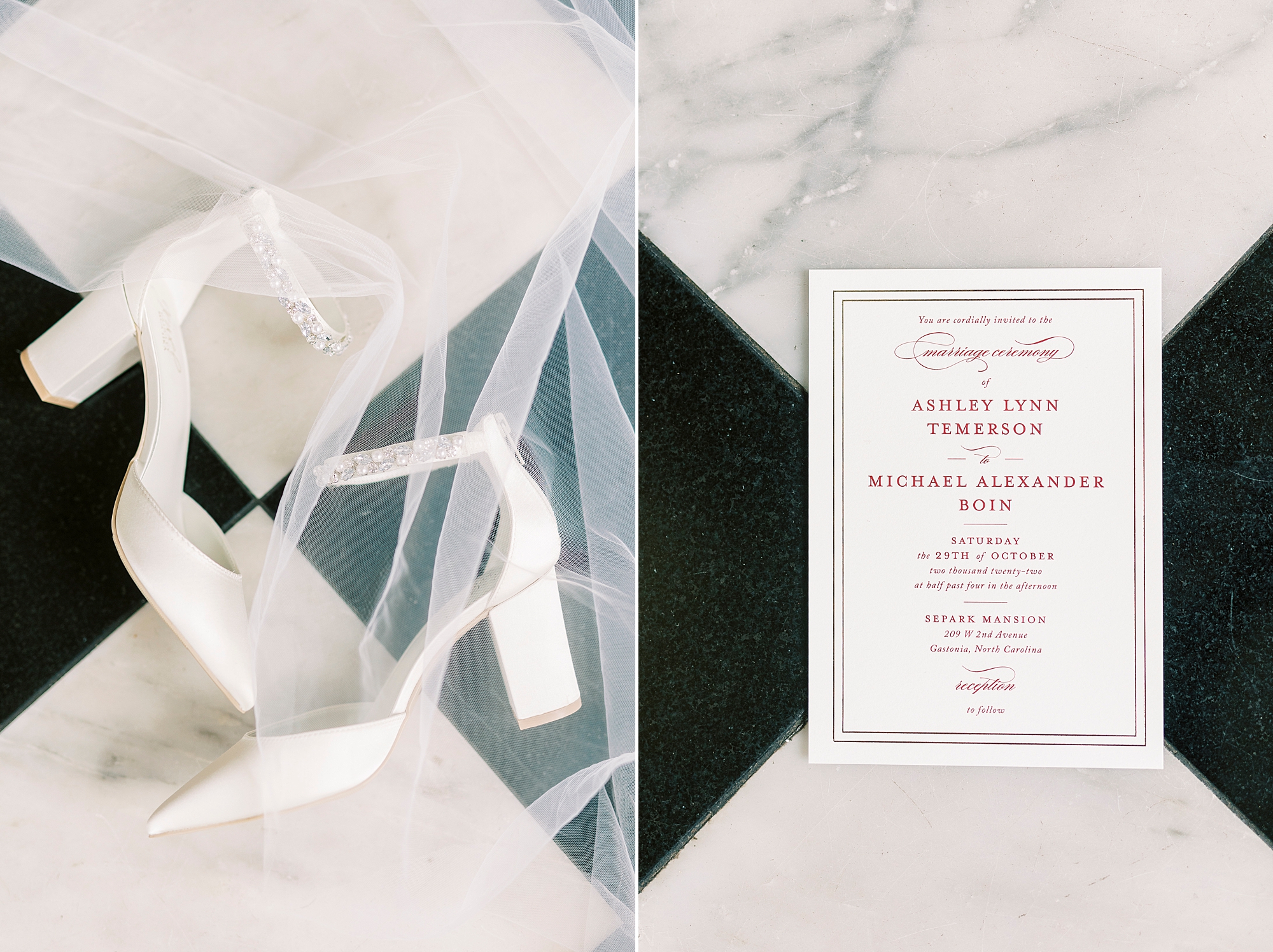 bride's shoes and invitation suite on black and white floor of Separk Mansion