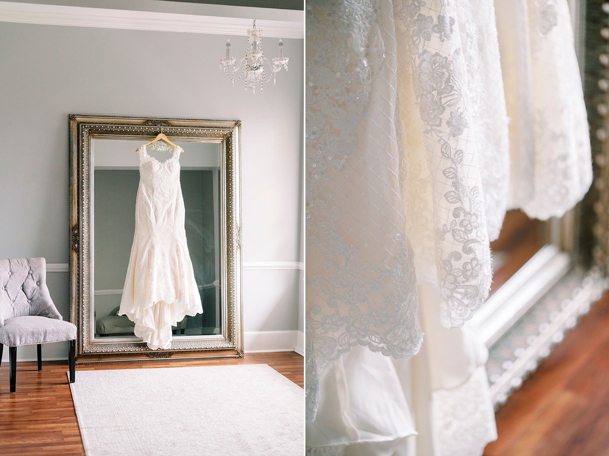wedding dress hangs on mirror in bridal suite at Separk Mansion