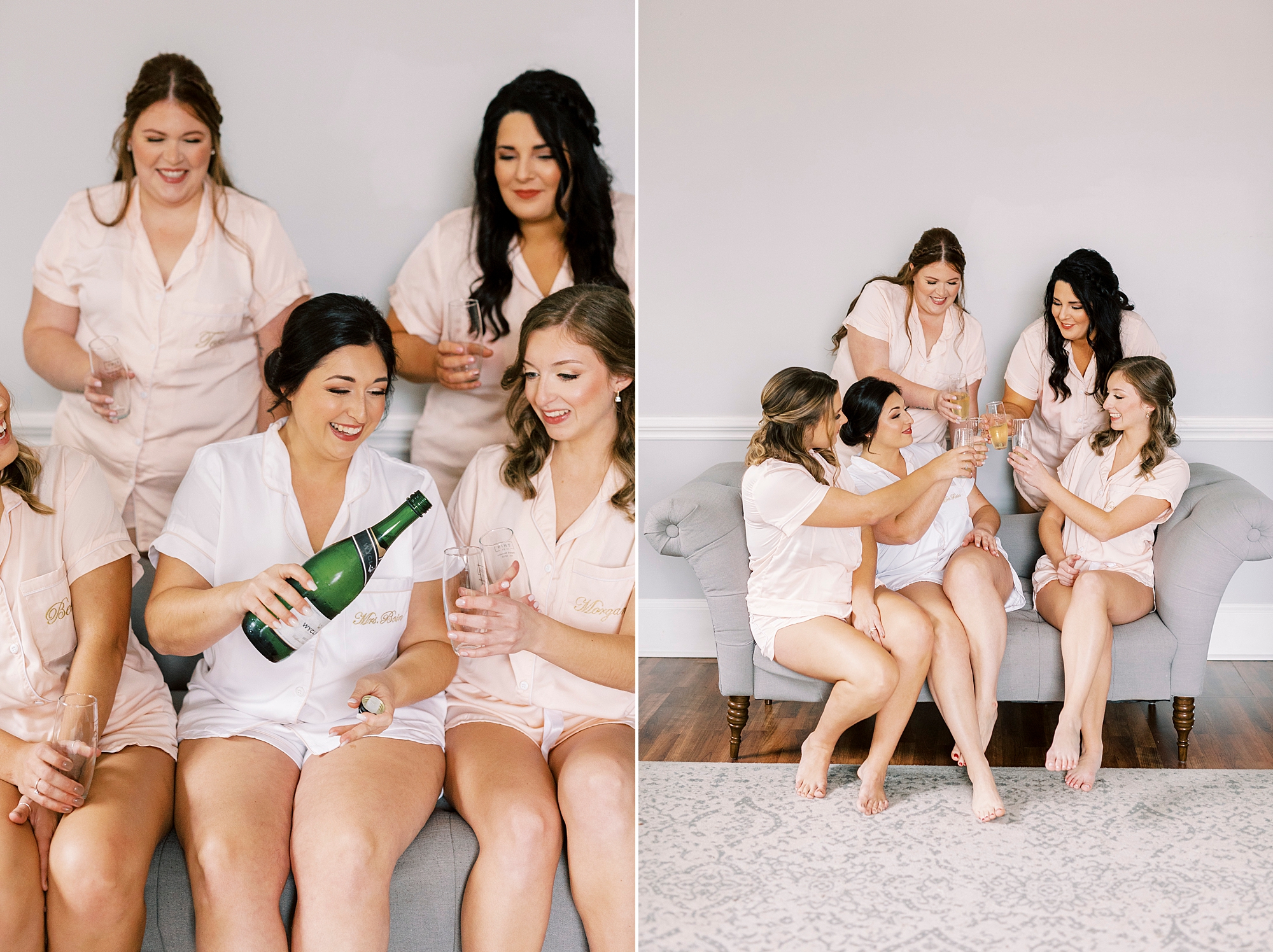 bride pours champagne for bridesmaids in matching pajamas