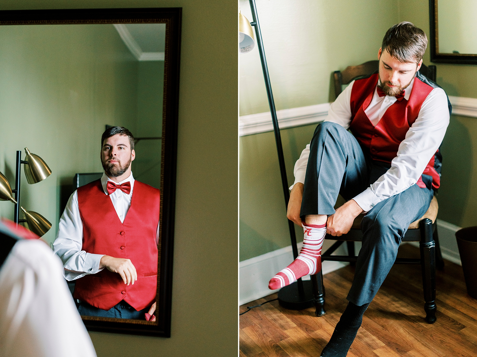 groom in red vest prepares for fall wedding at Separk Mansion
