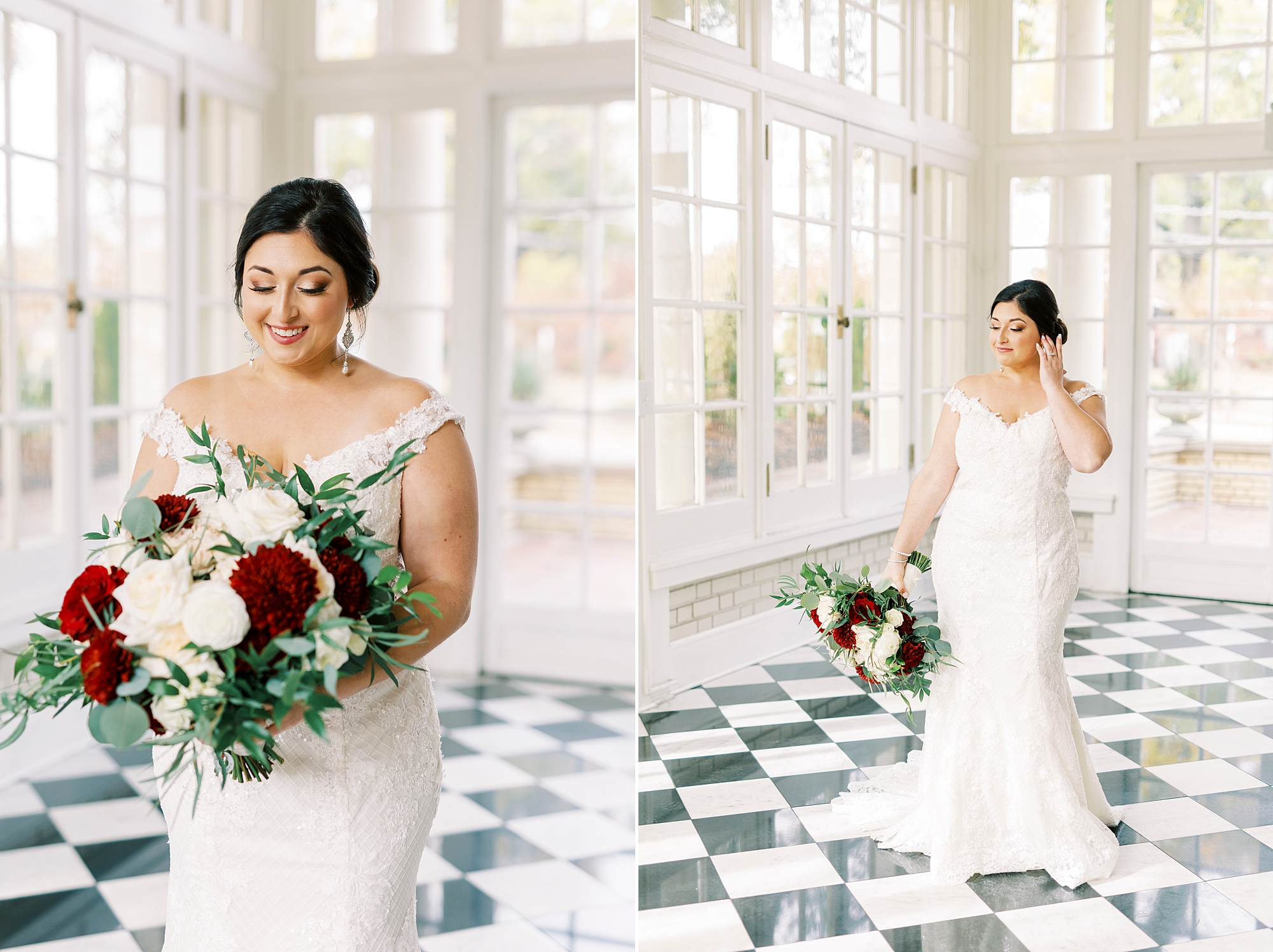 bride poses in patio room of Separk Mansion with black and white floor