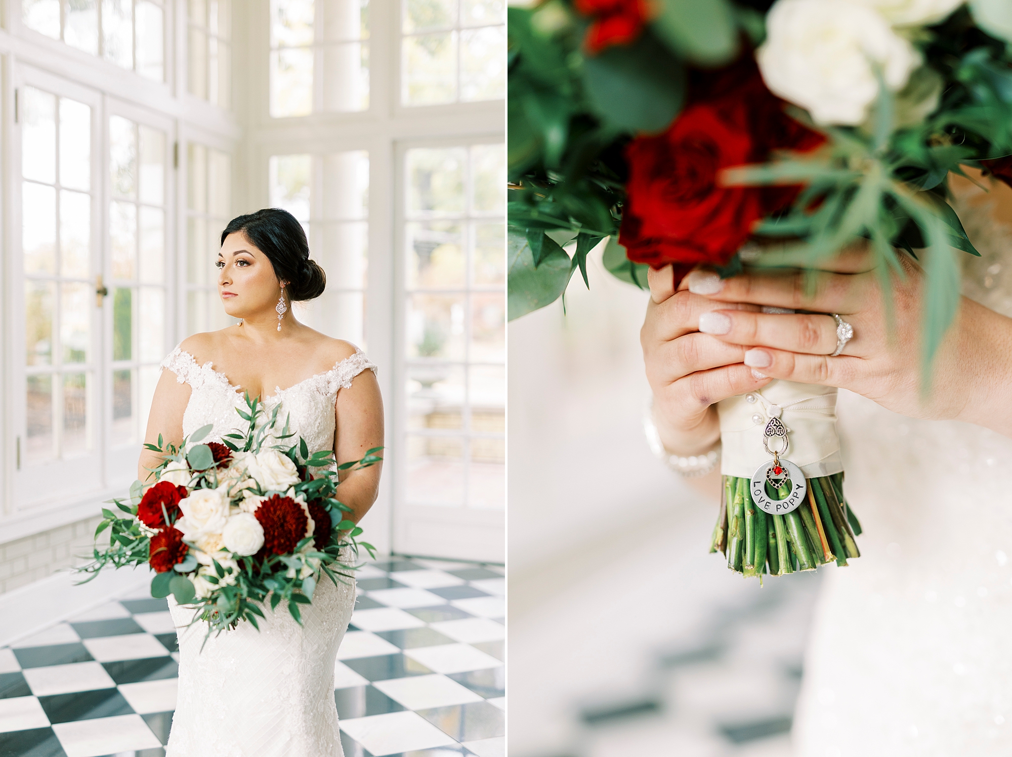 bride holds bouquet of pink and red flowers for fall wedding at Separk Mansion