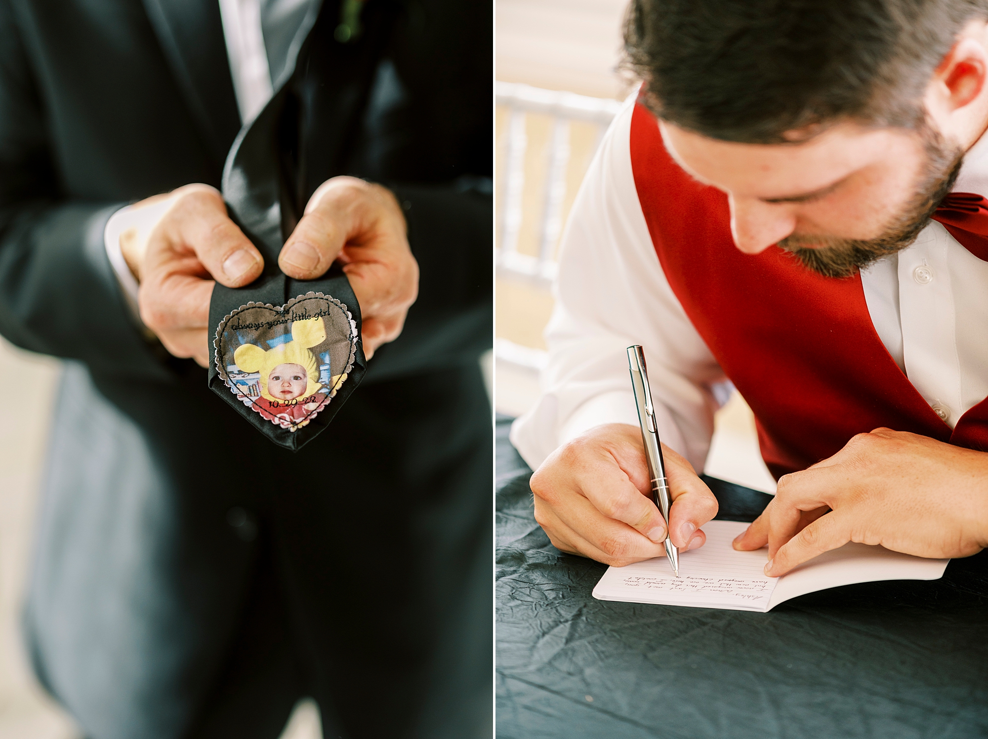 groom writes letter and shows off customization on tie