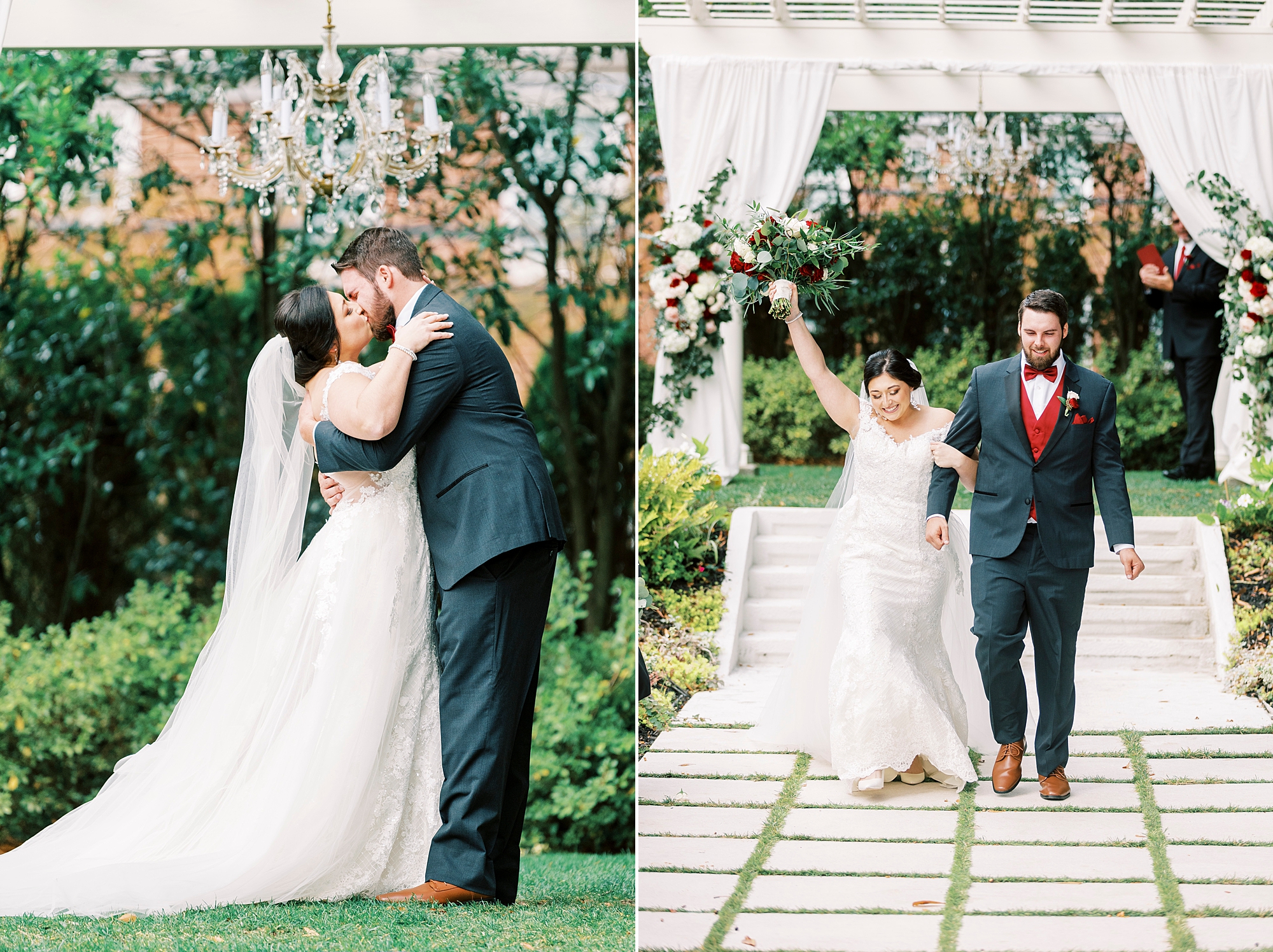 newlyweds kiss and cheer walking up aisle after outdoor wedding ceremony at Separk Mansion