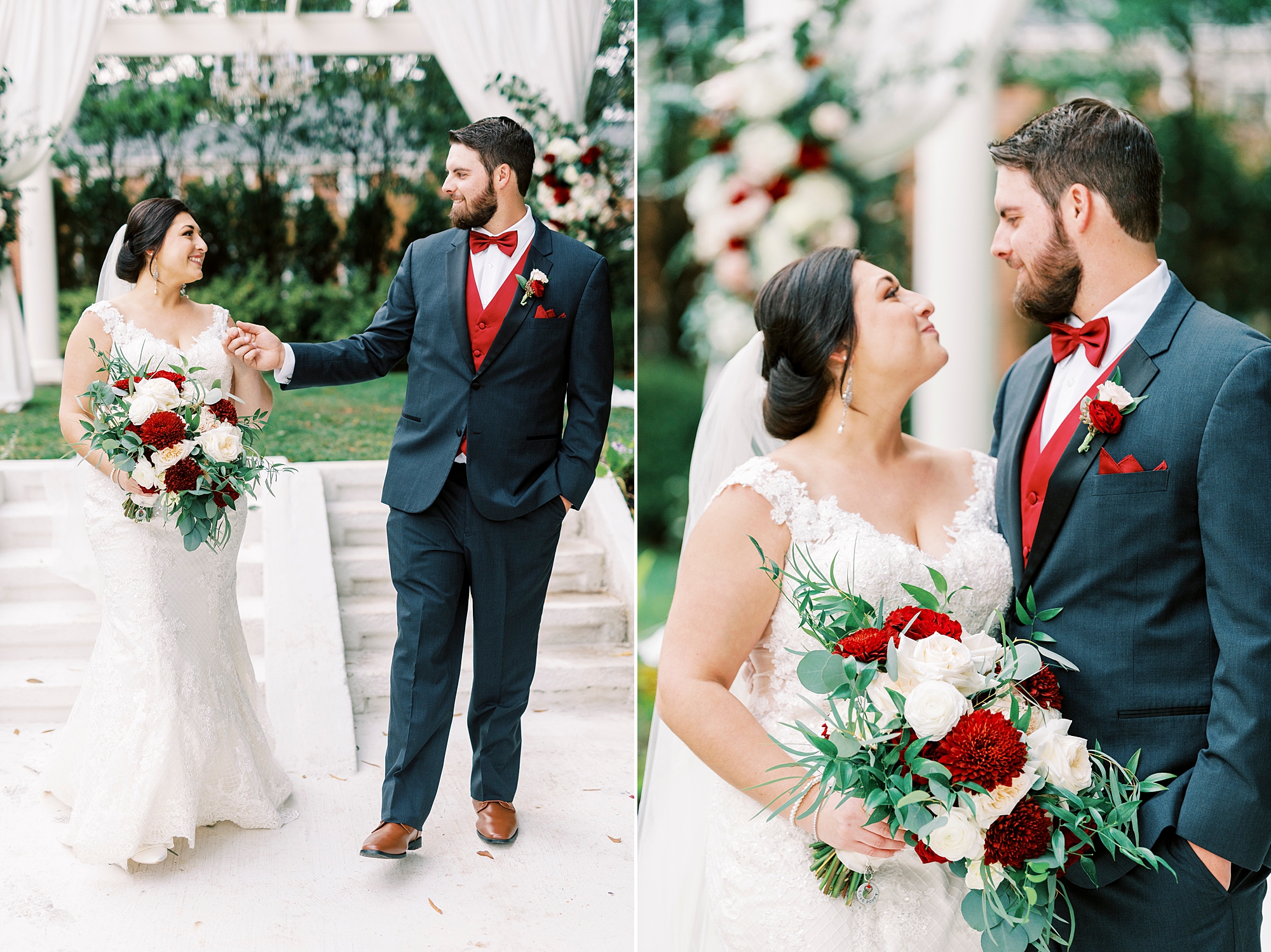newlyweds smile standing in front of white arbor at Separk Mansion