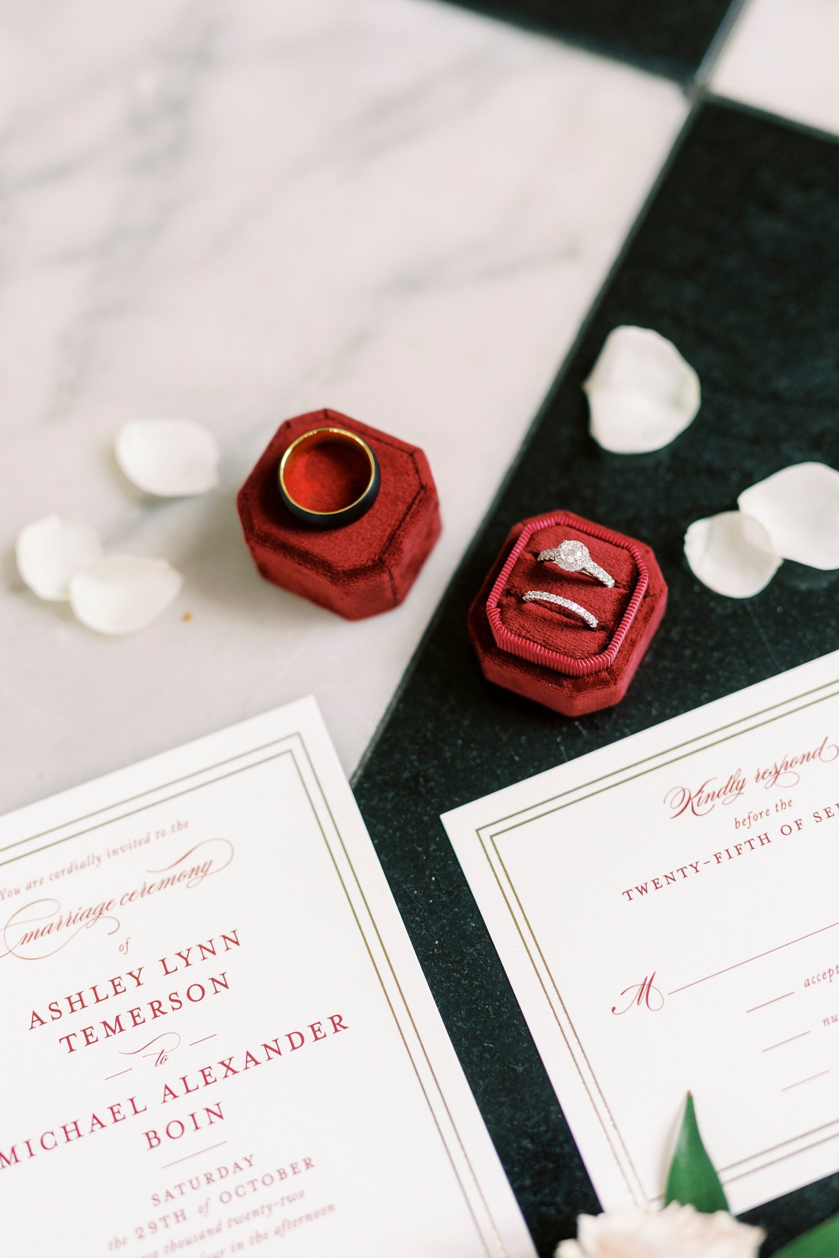 wedding rings in burgundy ring box