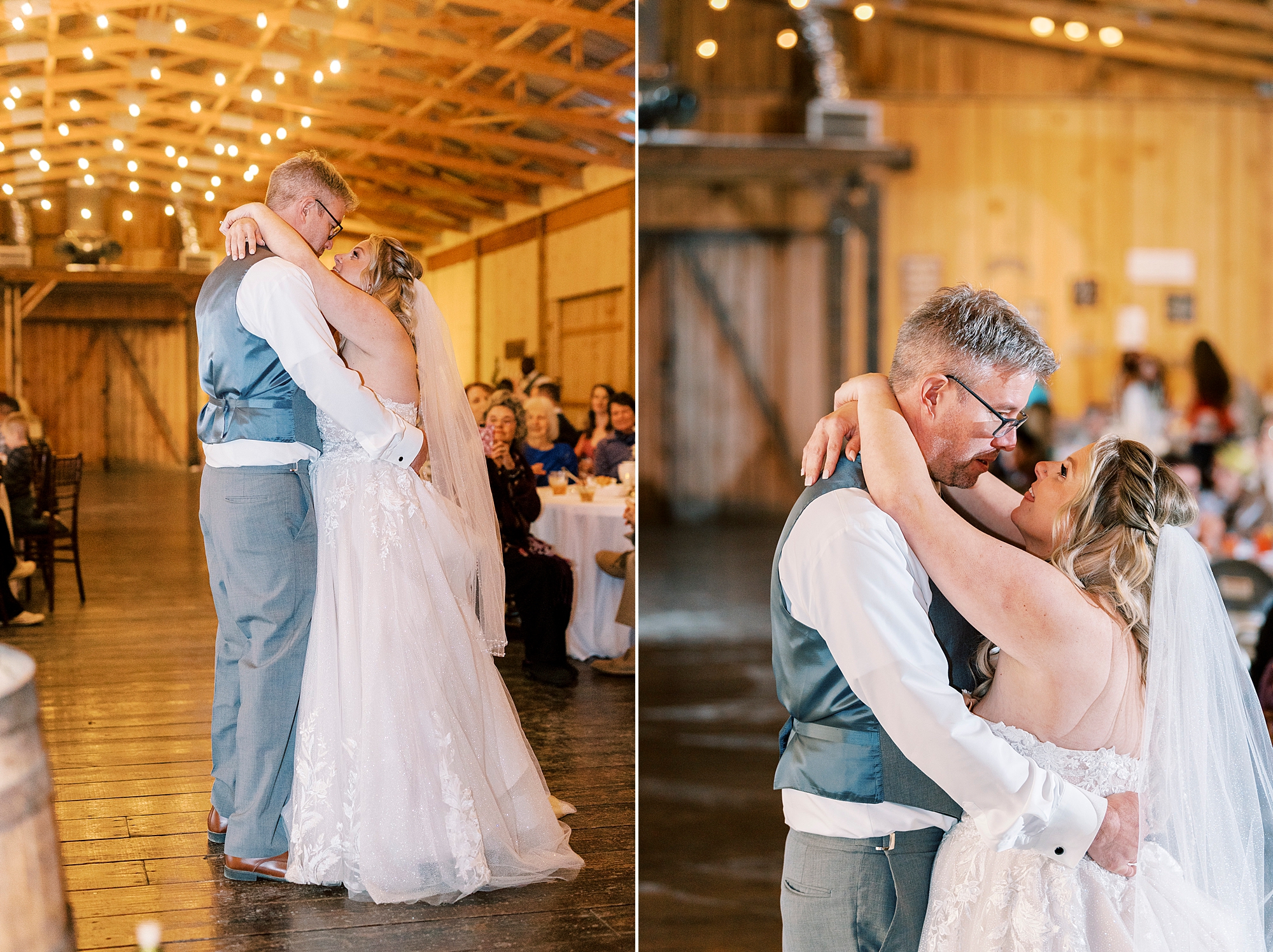 bride and groom hug during first dance in barn at the Gin at Aw Shucks Farm