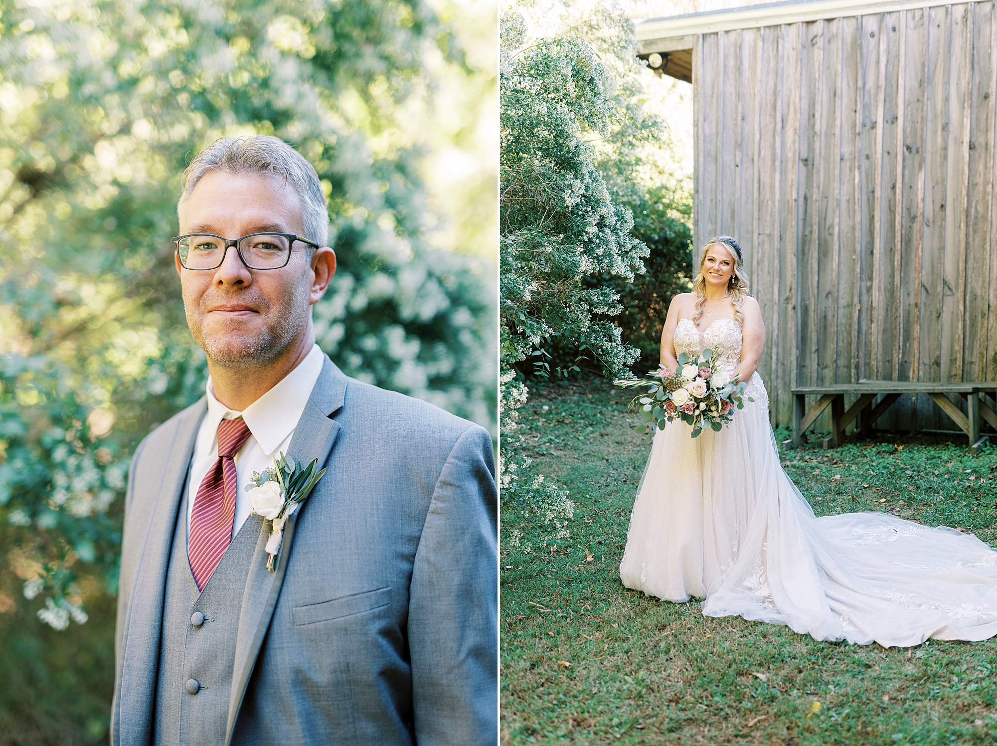 bride and groom pose by wooden barn smiling at the Gin at Aw Shucks Farm