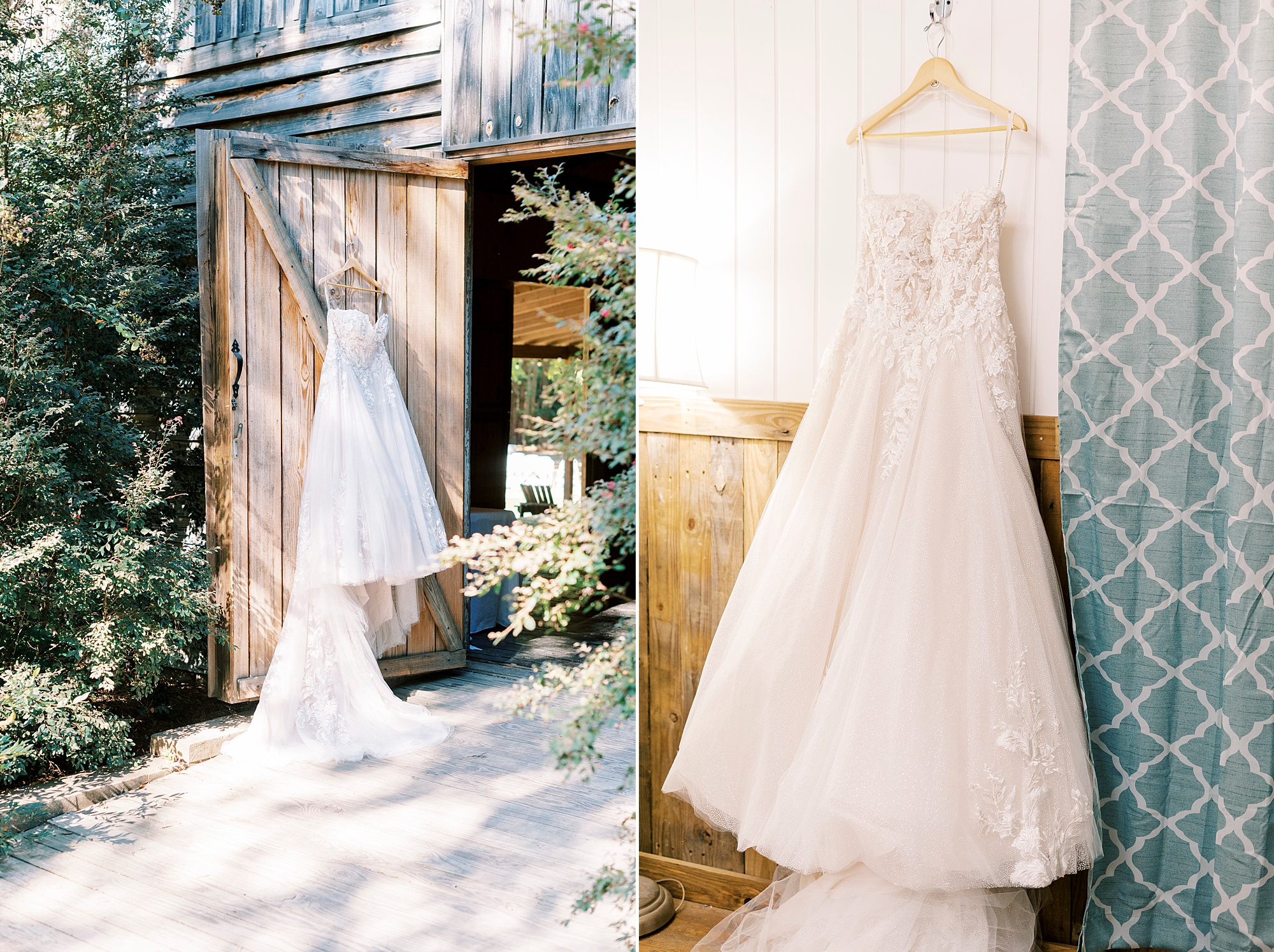 bride's dress hangs in garden of the Gin at Aw Shucks Farm