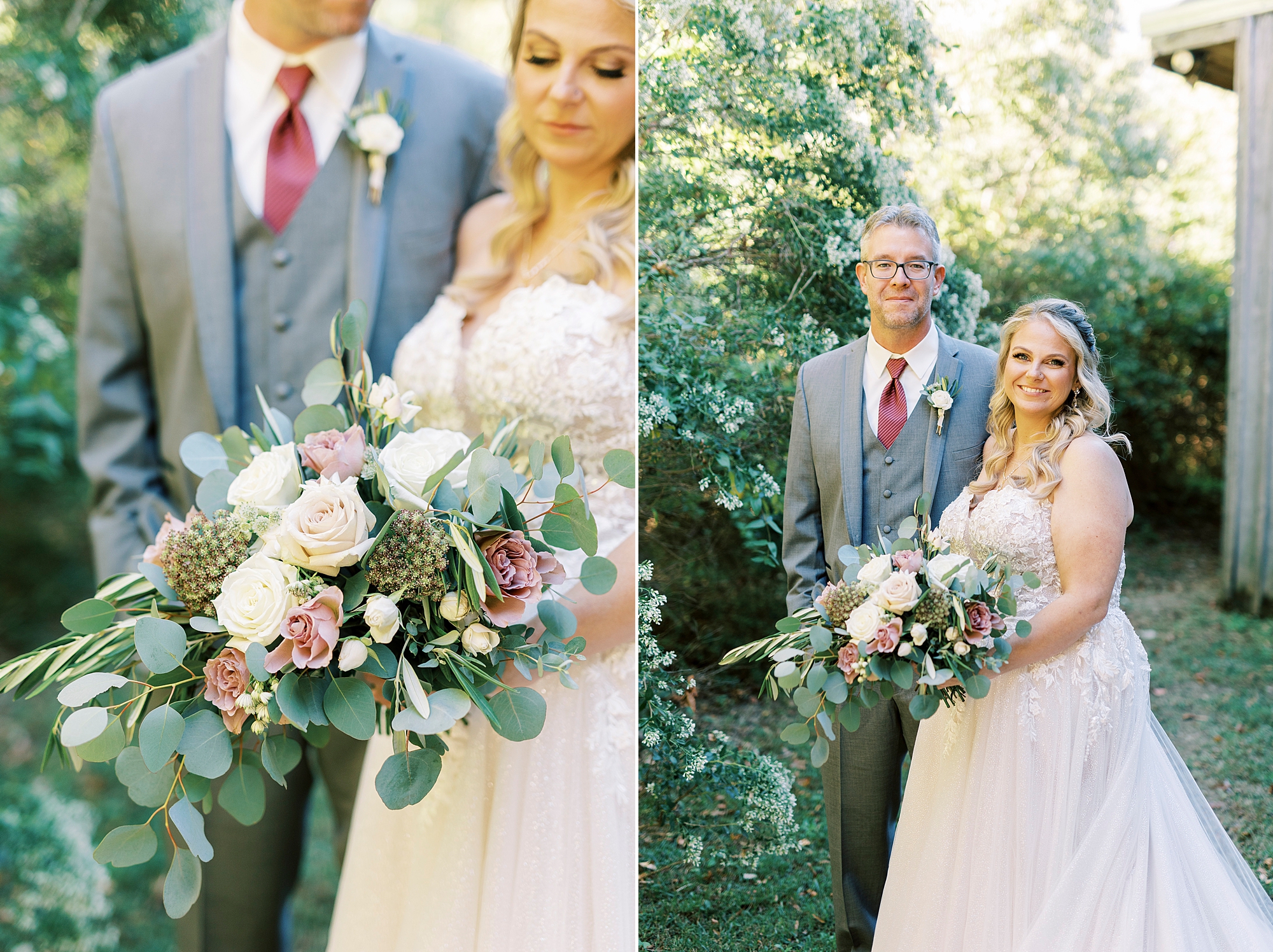 bride and groom stand by gardens of the Gin at Aw Shucks Farm