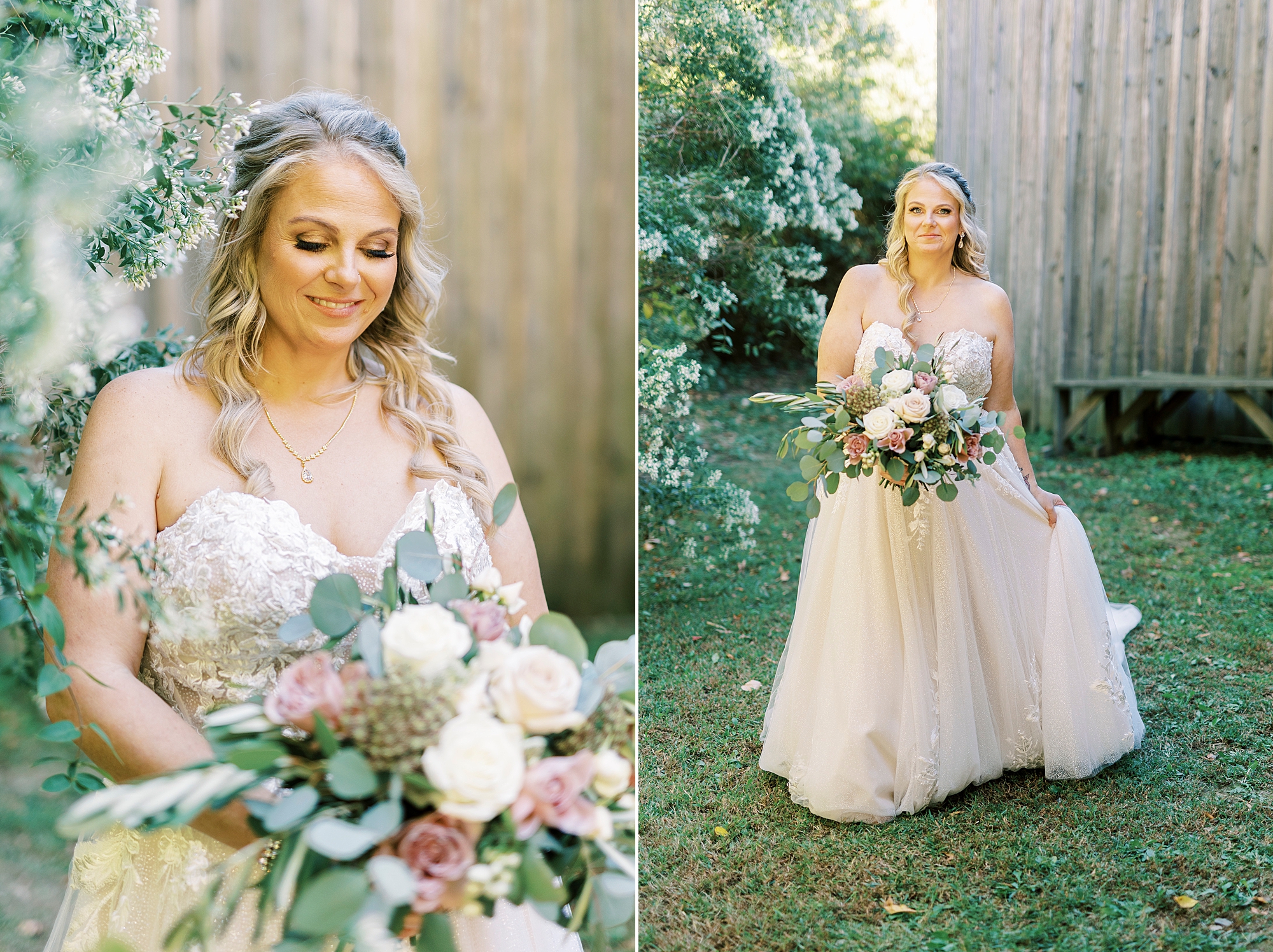 bride looks down at bouquet of white and pink flowers