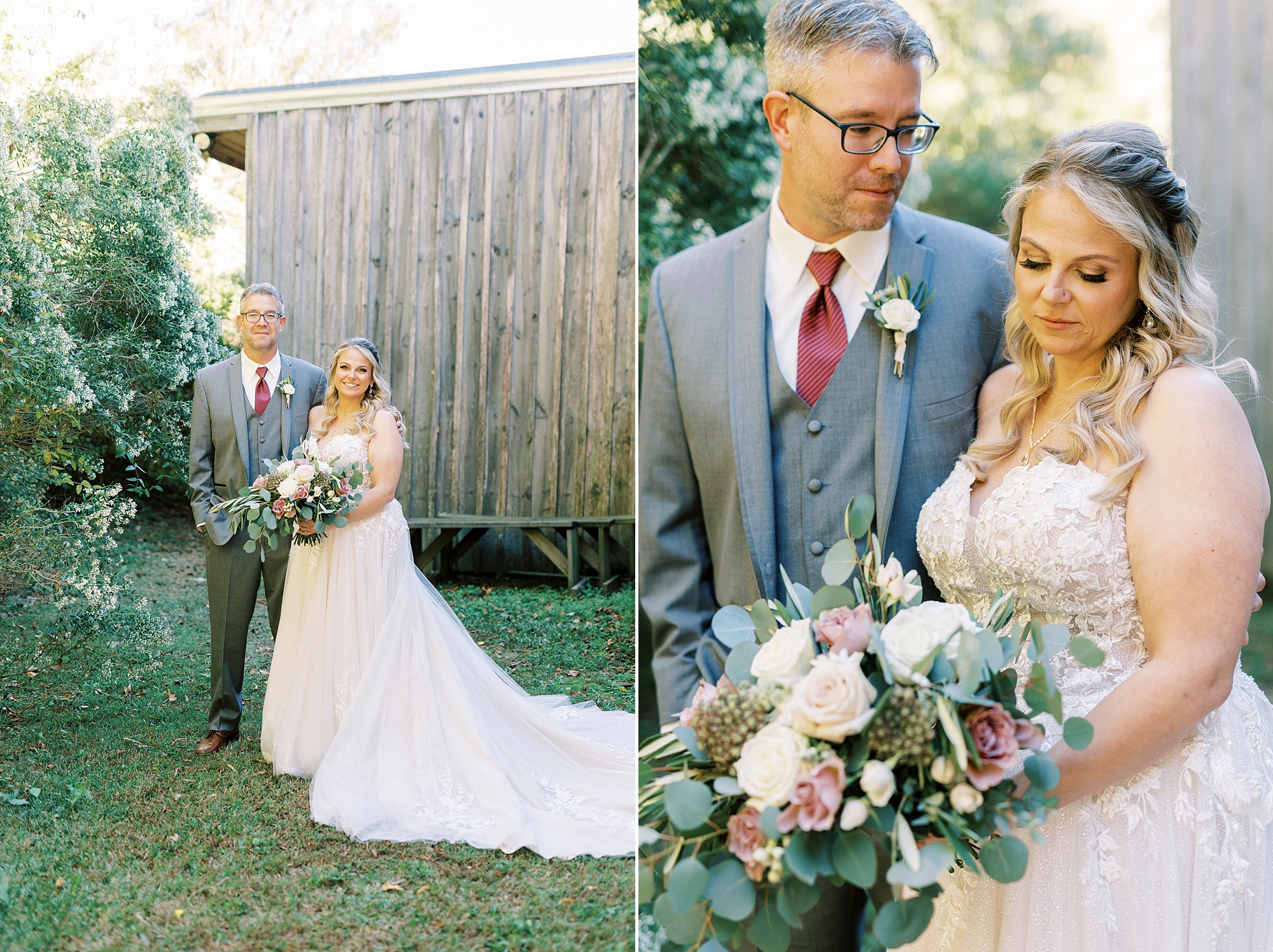 groom and bride hug by bush and wooden barn at the Gin at Aw Shucks Farm