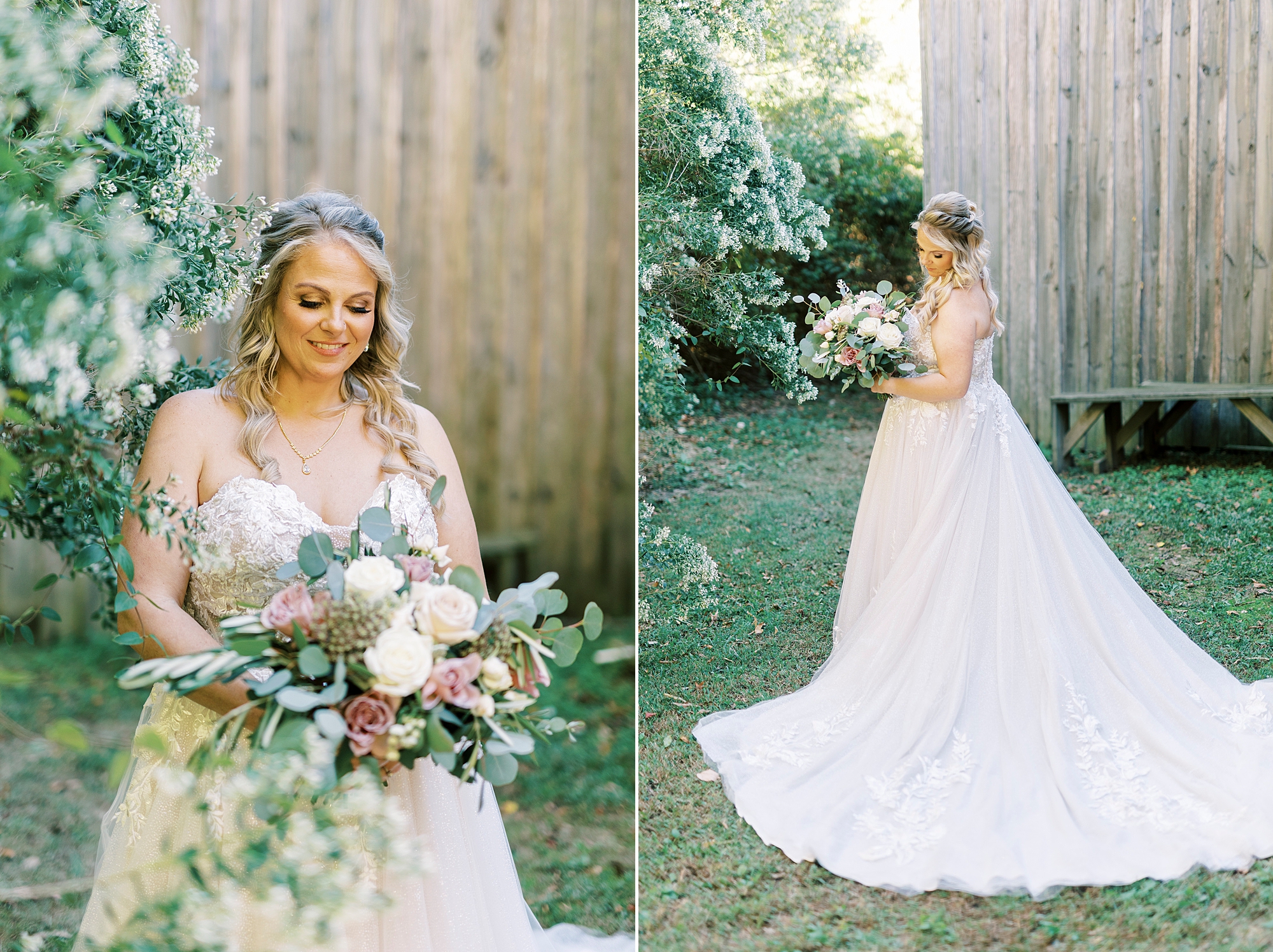 bride poses with wedding dress skirt laid out behind her in Monroe NC